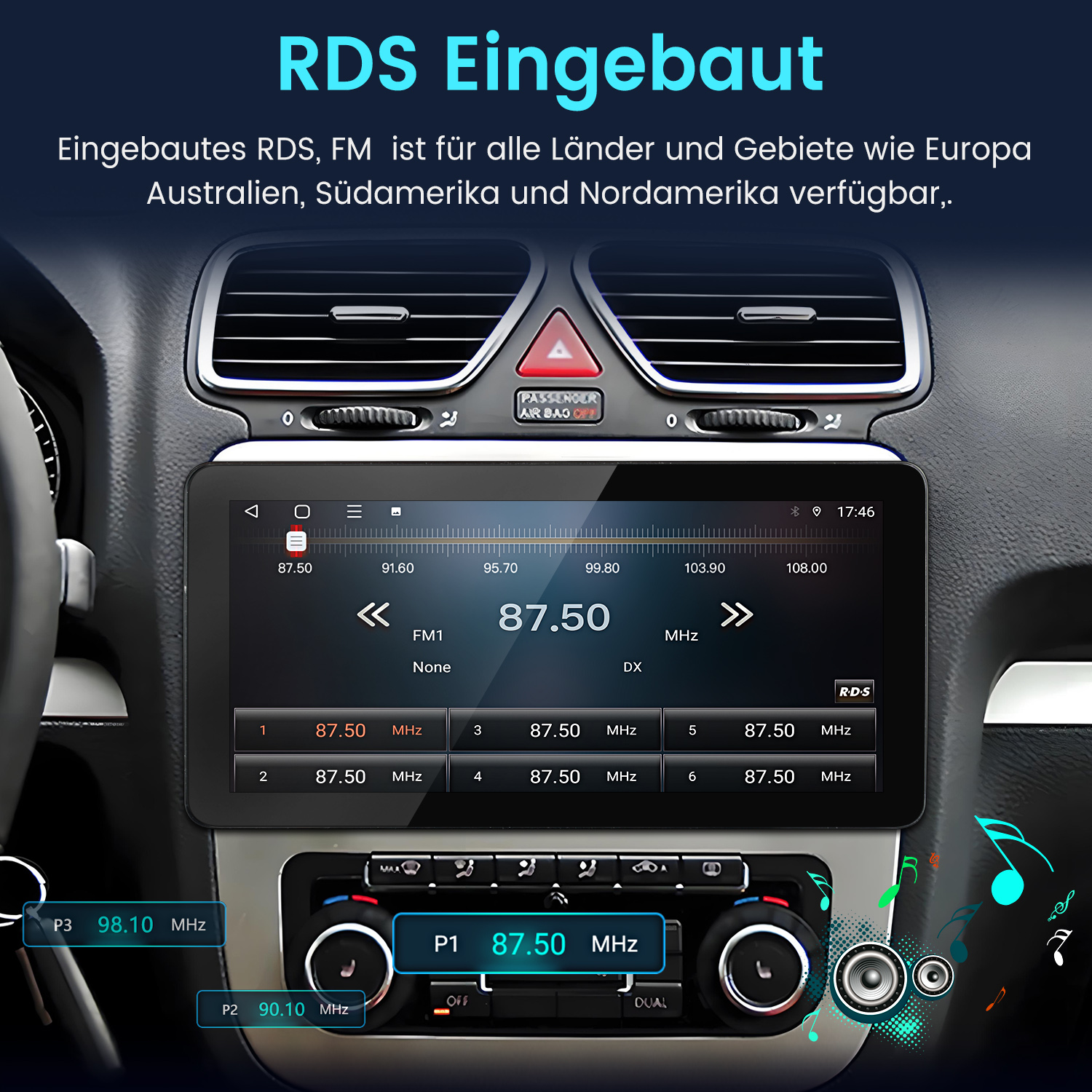 Ekran samochodowego systemu multimedialnego pokazujący informacje radiowe. RDS Eingebaut to główny tytuł.