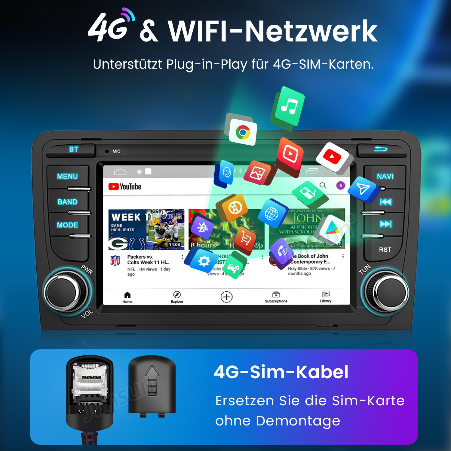 Auto-Multimedia-Player-Bildschirm, der App-Symbole und Videowiedergabe anzeigt.