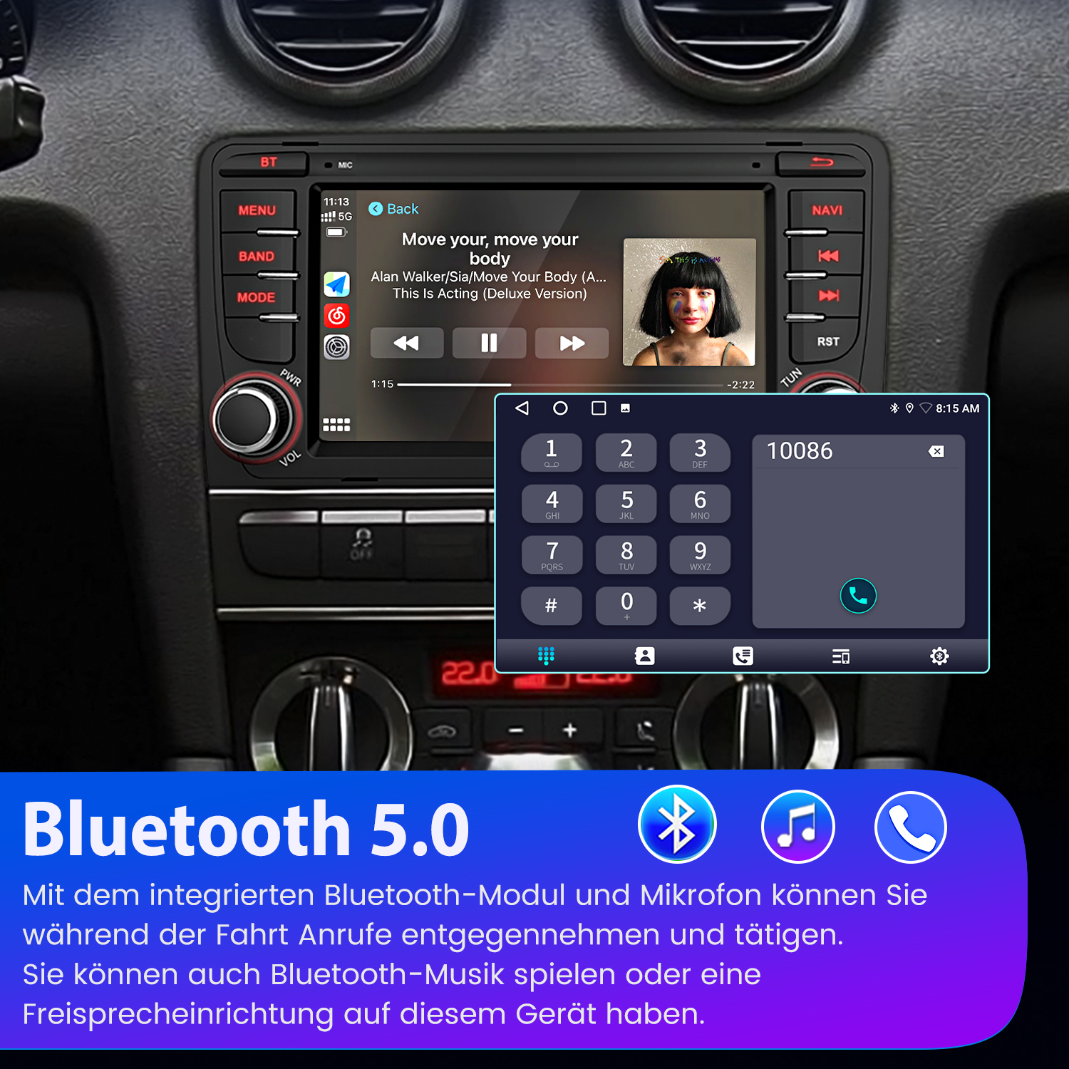 Autoradio mit Bluetooth 5.0. Anzeige zeigt Musiksteuerung und Telefontastatur. Eine Person ist im Auto.