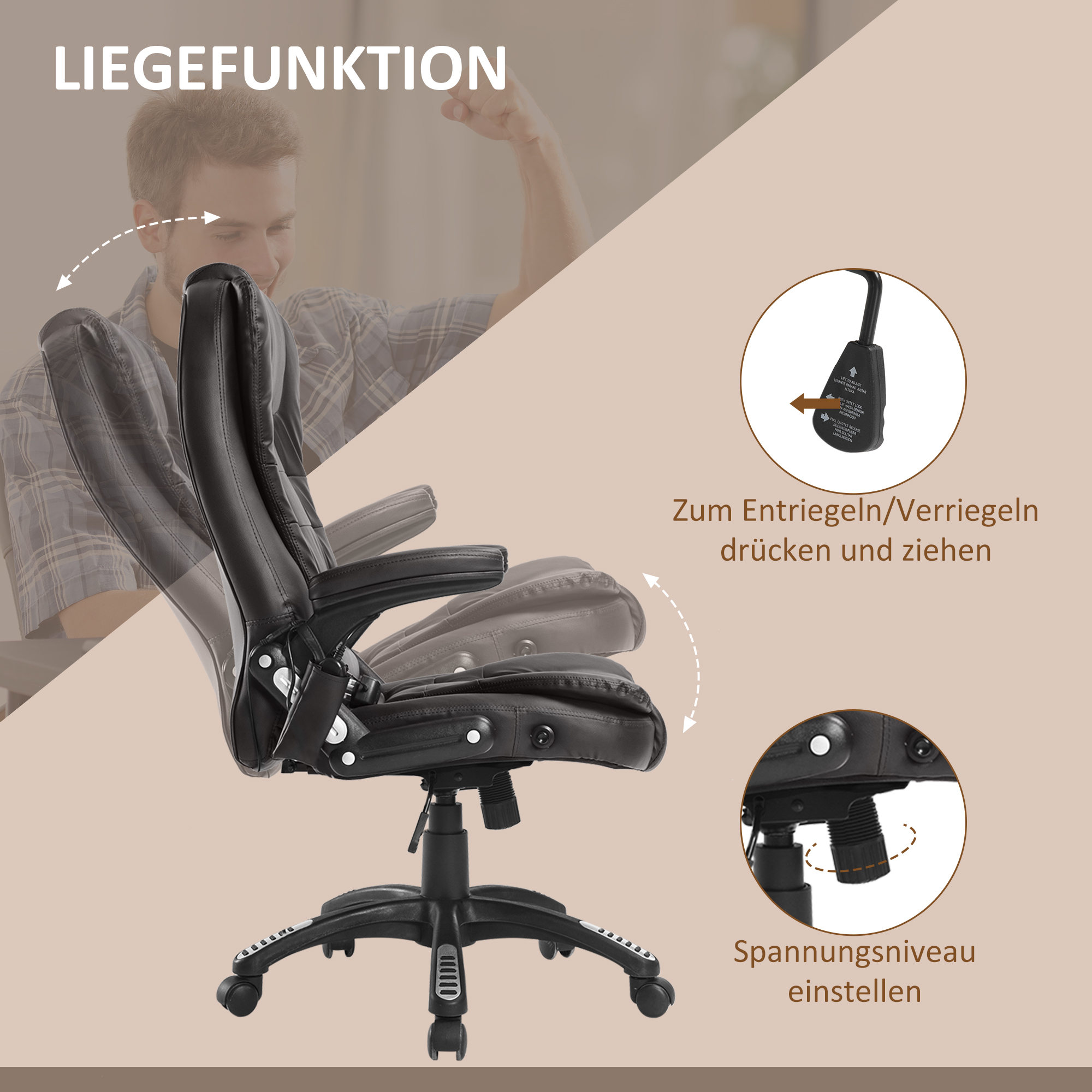 Ein schwarzer Bürostuhl mit Liegefunktion. Er hat eine Kopfstütze, Armlehnen und einen Hebel zur Spannungseinstellung.
