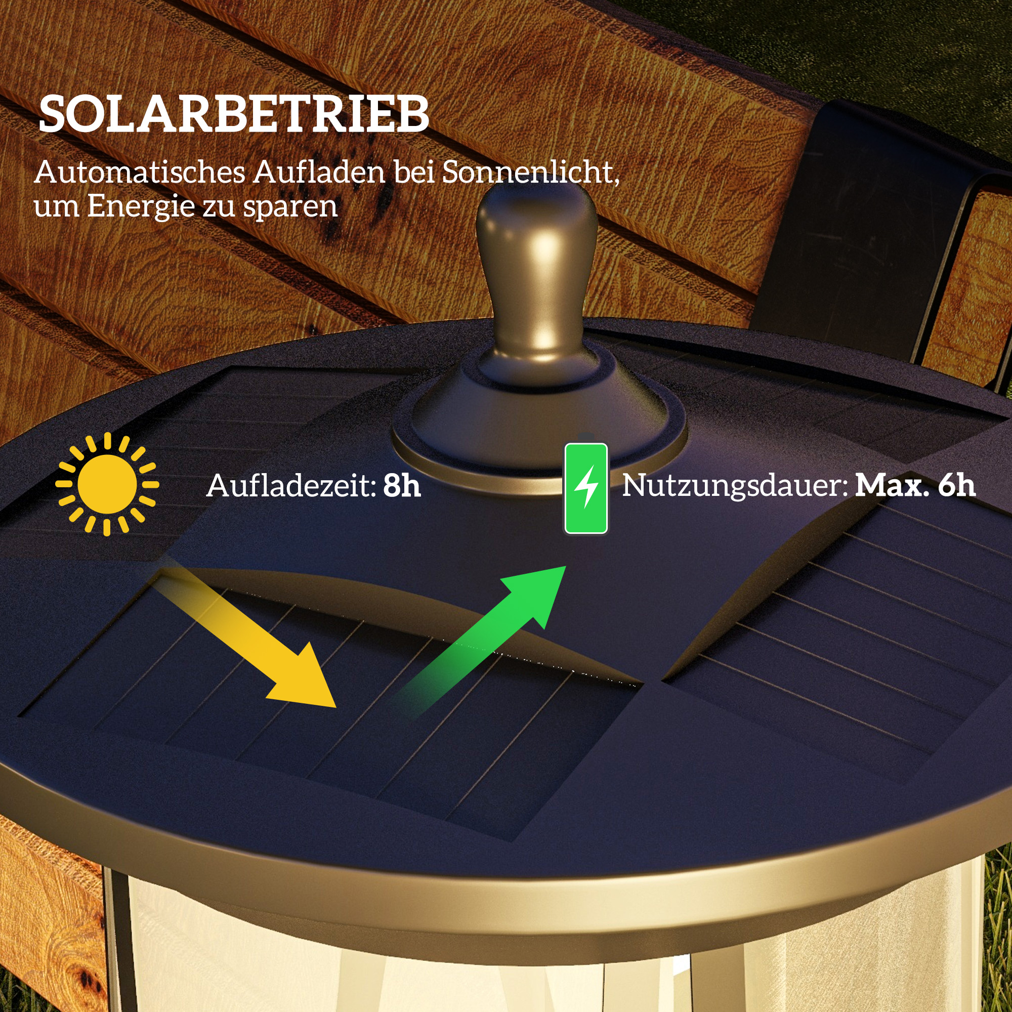 Eine solarbetriebene Lampe mit einem Sonnensymbol und einem Batteriesymbol, das Ladezeit und Nutzungsdauer anzeigt.