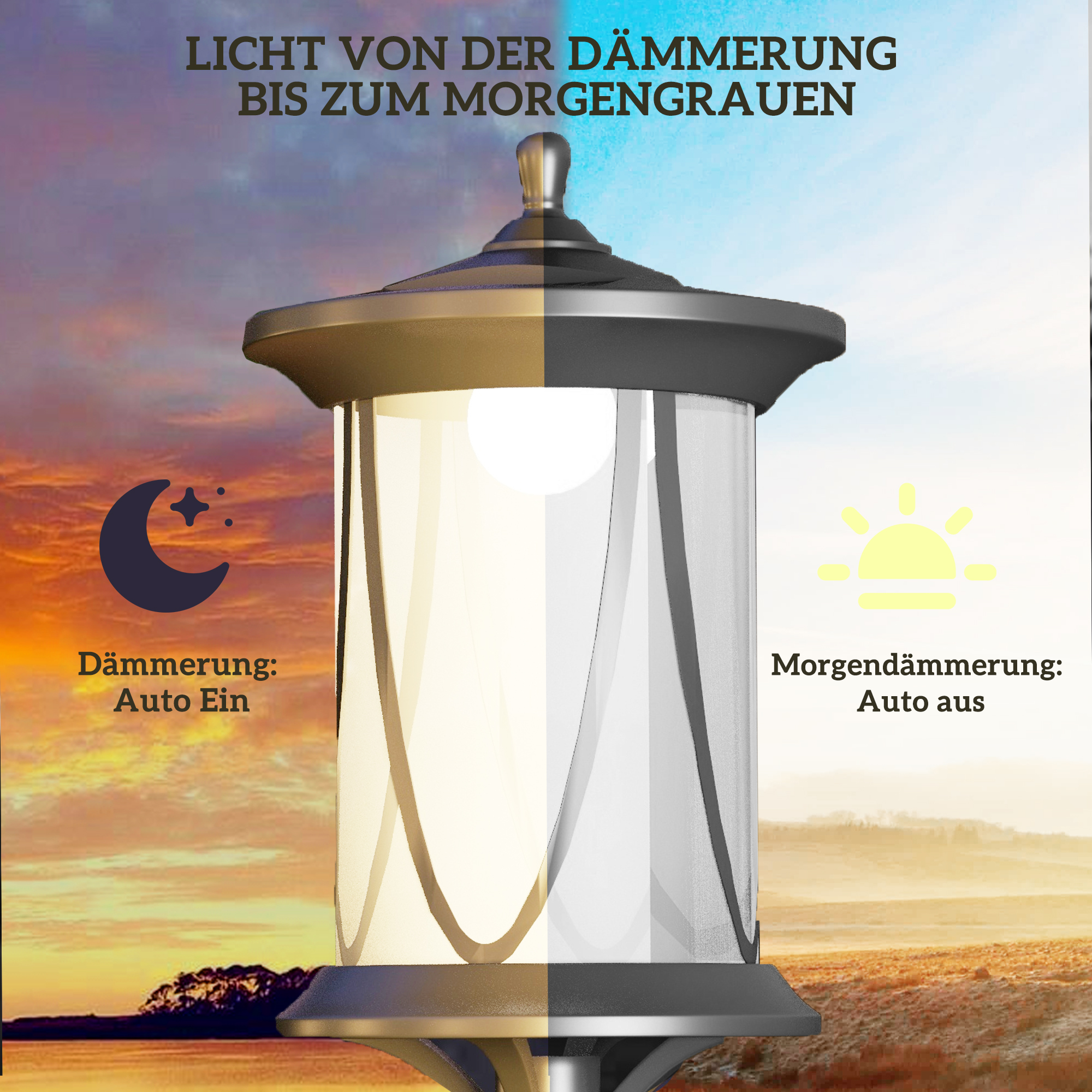 Eine Straßenlaterne zeigt verschiedene Lichteinstellungen: Dämmerung und Morgen.
