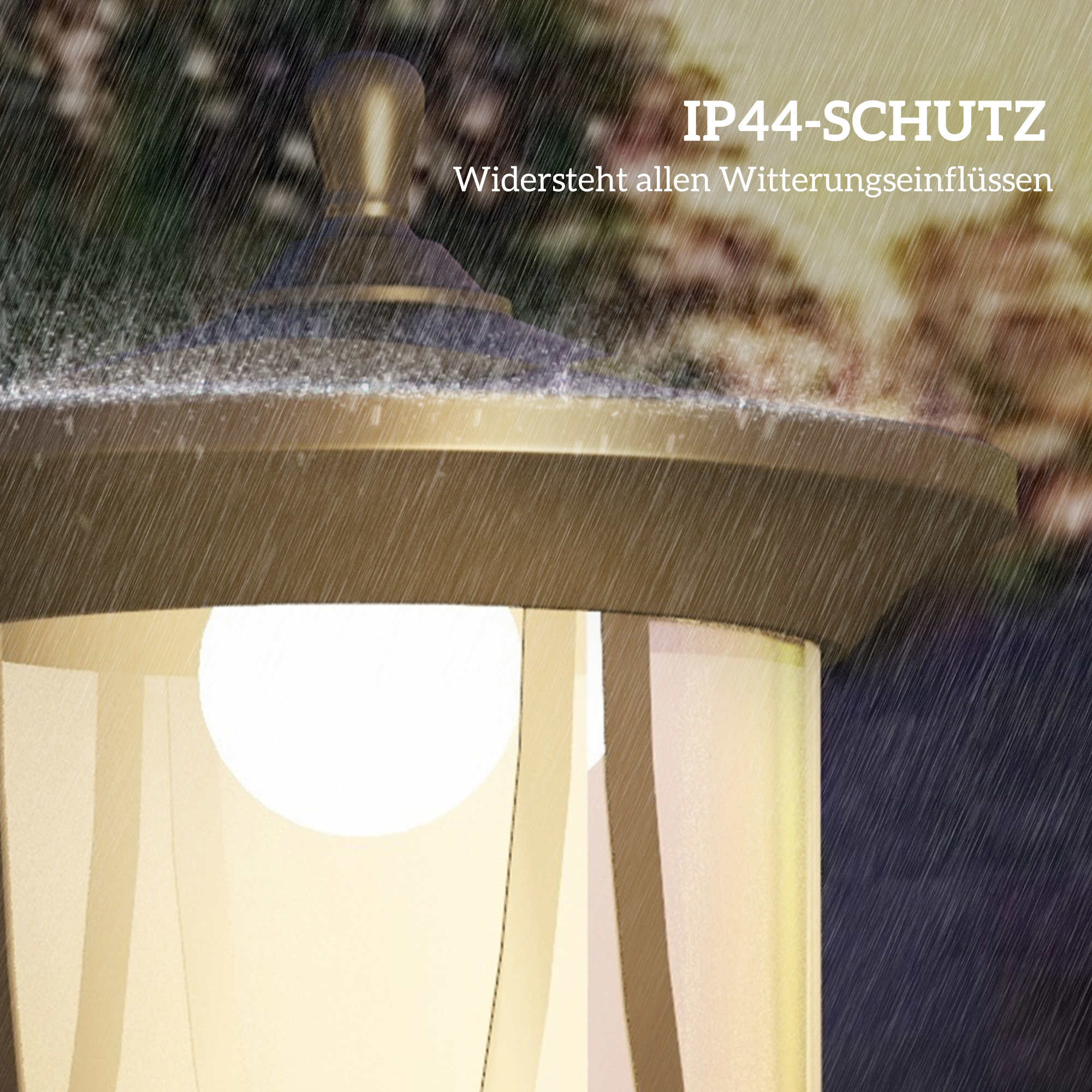 Eine Straßenlaterne mit fallendem Regen, mit eingeschaltetem Licht.