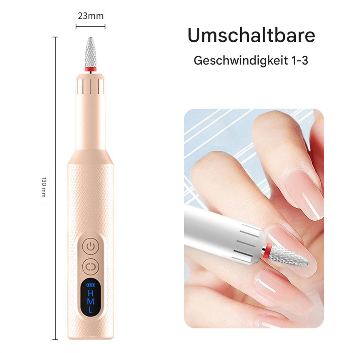 Ein Nagelfräser mit Abmessungen und Geschwindigkeitseinstellungen auf weißem Hintergrund, eine Hand mit Nägeln.