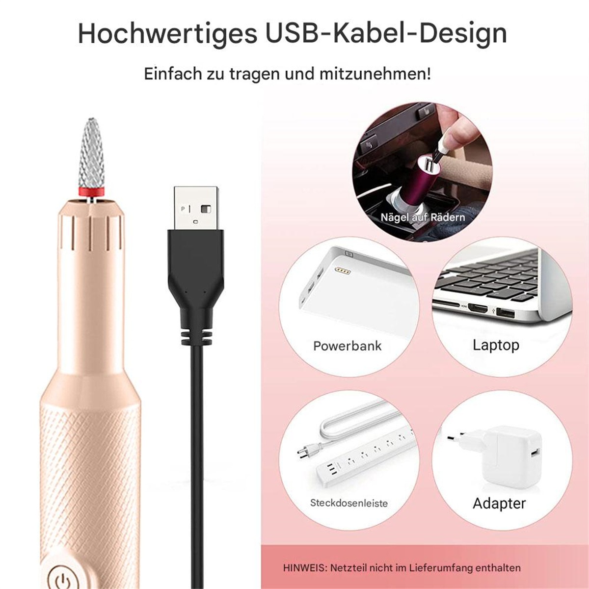 Ein Nagelbohrer mit USB-Kabel und Lademöglichkeiten.