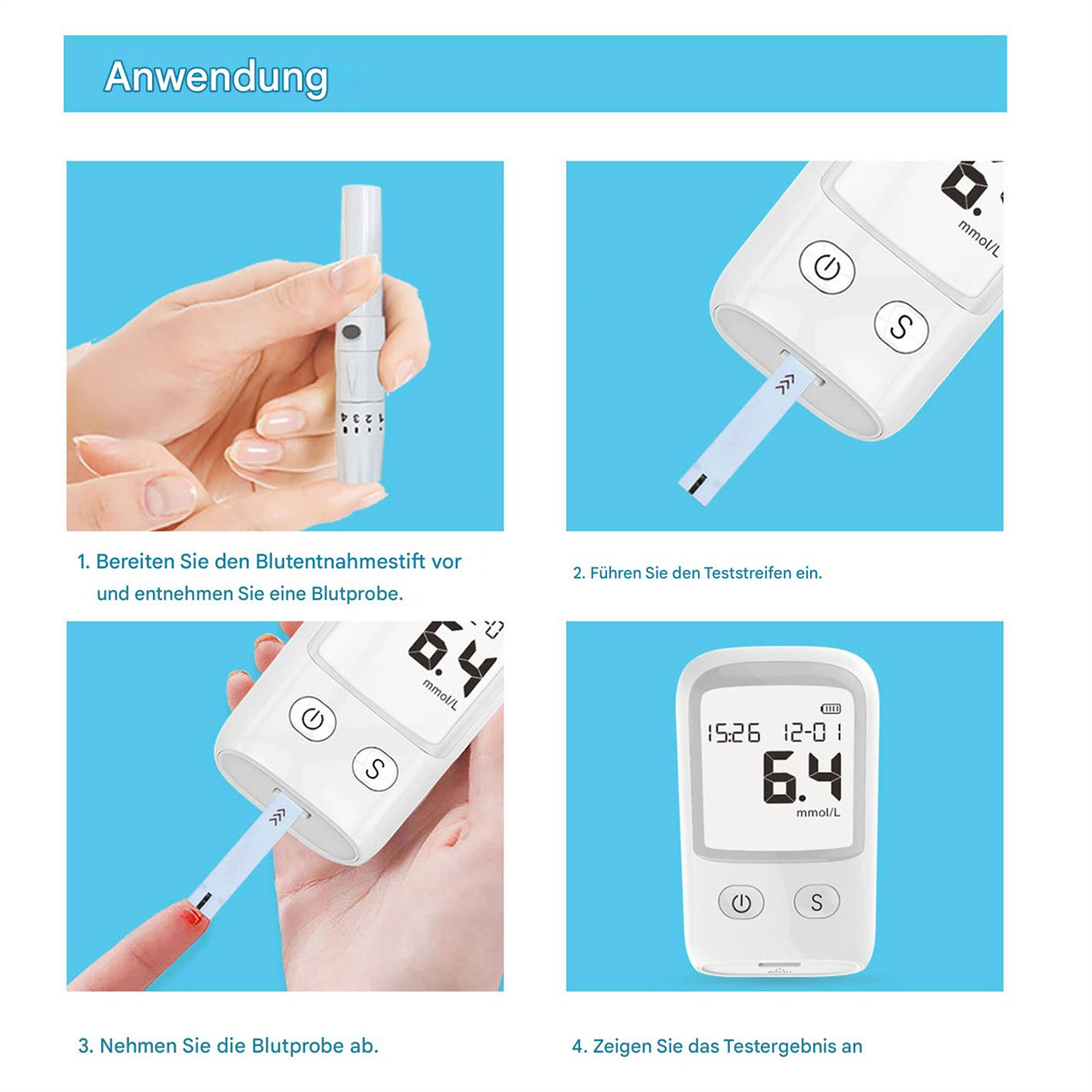 Ein Blutzuckertest wird mit einem Messgerät und einem Fingerstechgerät durchgeführt.