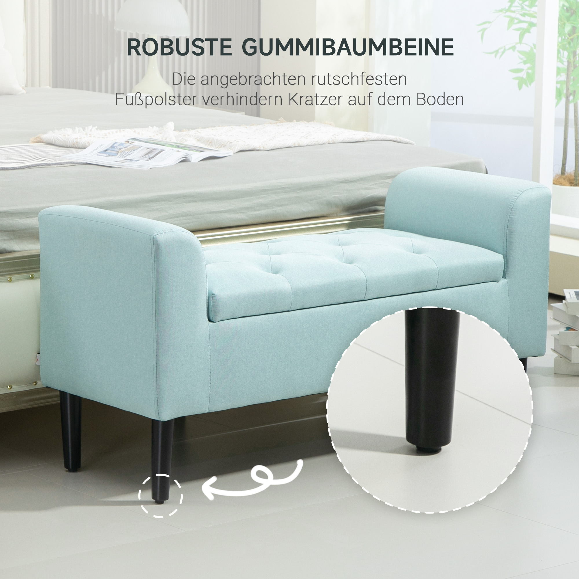 Blaue Bank mit schwarzen Beinen und weißem Boden. Text auf Deutsch zum Produkt.