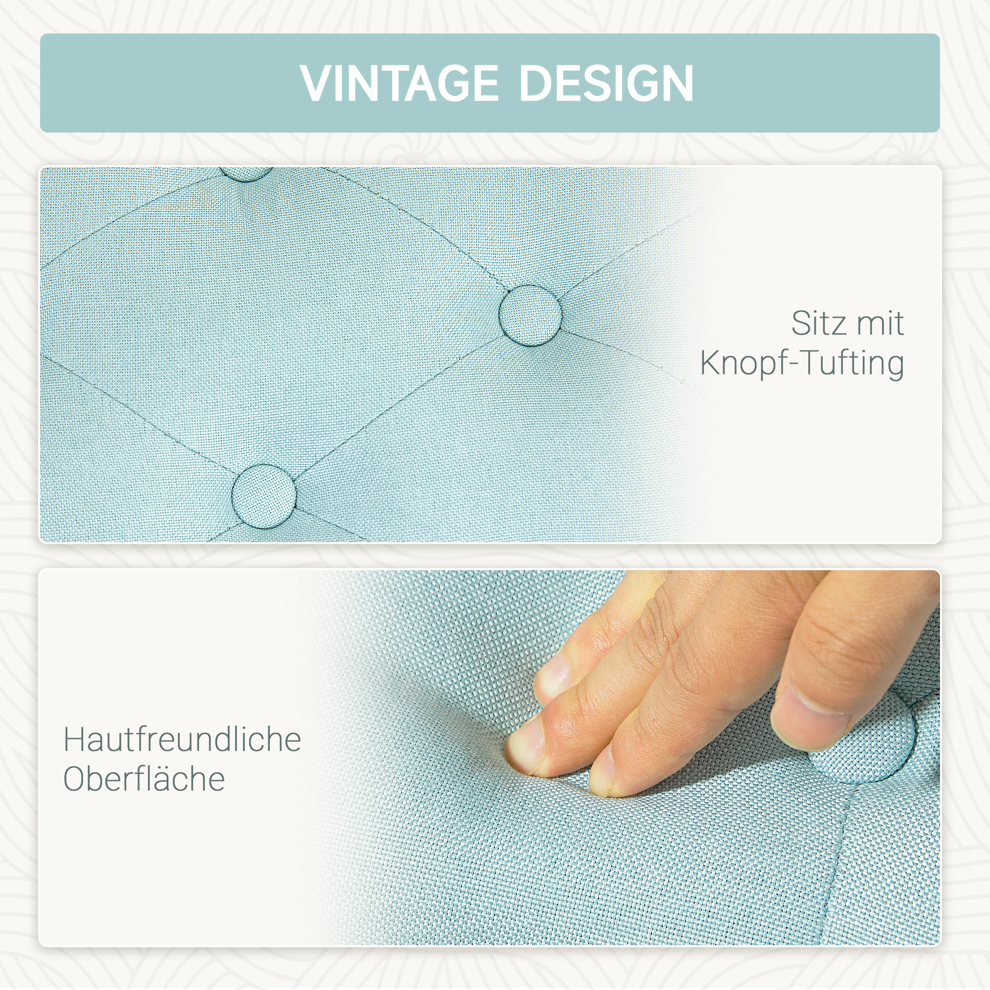 Nahaufnahme des getufteten Sitzes und eine Hand, die auf die blaue Oberfläche drückt.