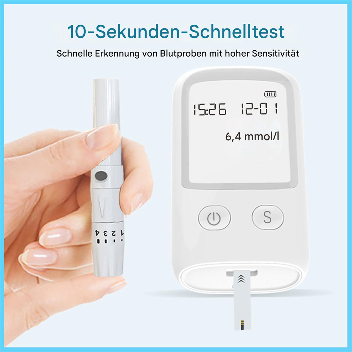 Blutzuckermessgerät und Lanzettenvorrichtung mit einer Hand, die die Lanzette und das Messgerät hält.