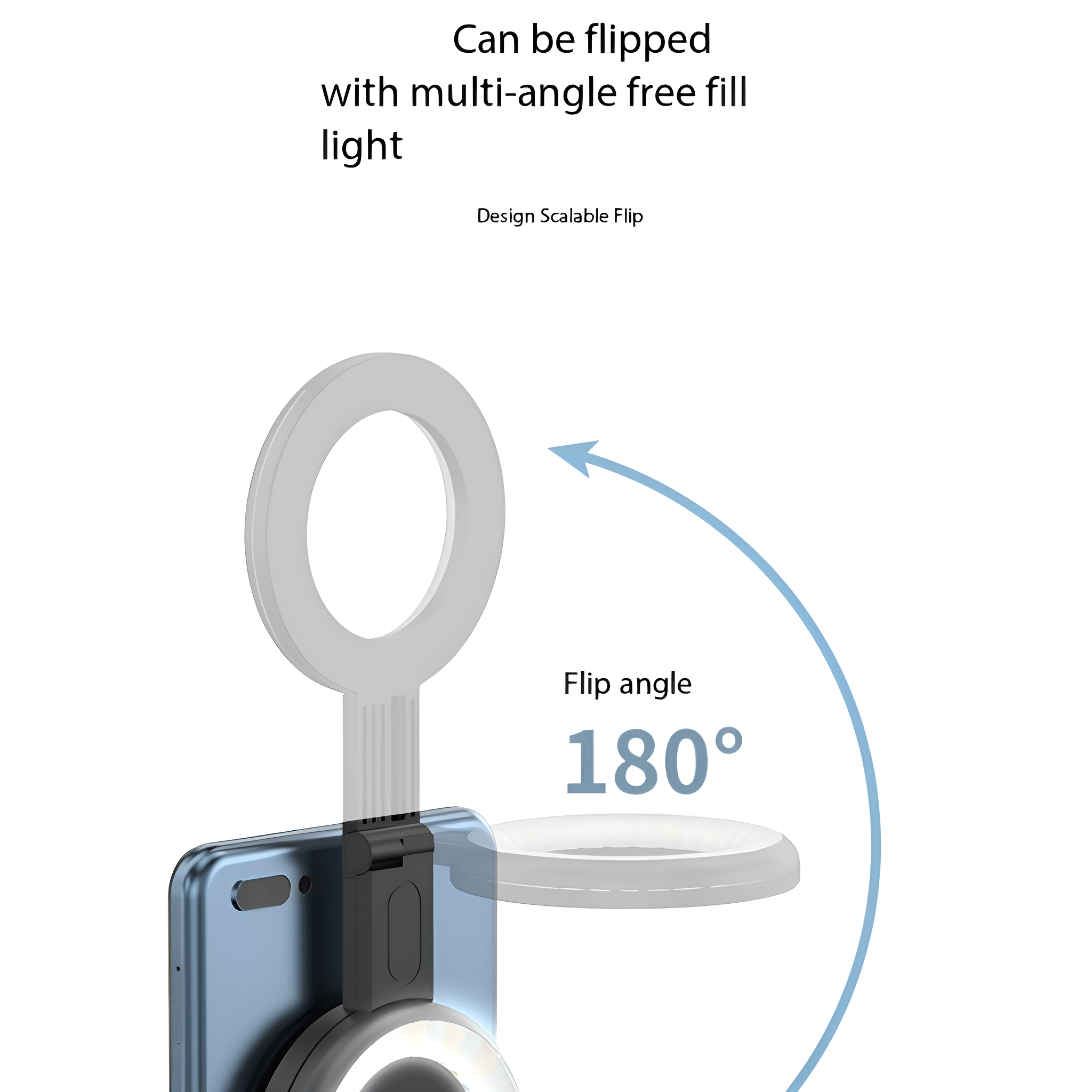 Schwarzes Ringlicht an einem Telefon befestigt. Telefon kann sich um 180 Grad drehen.