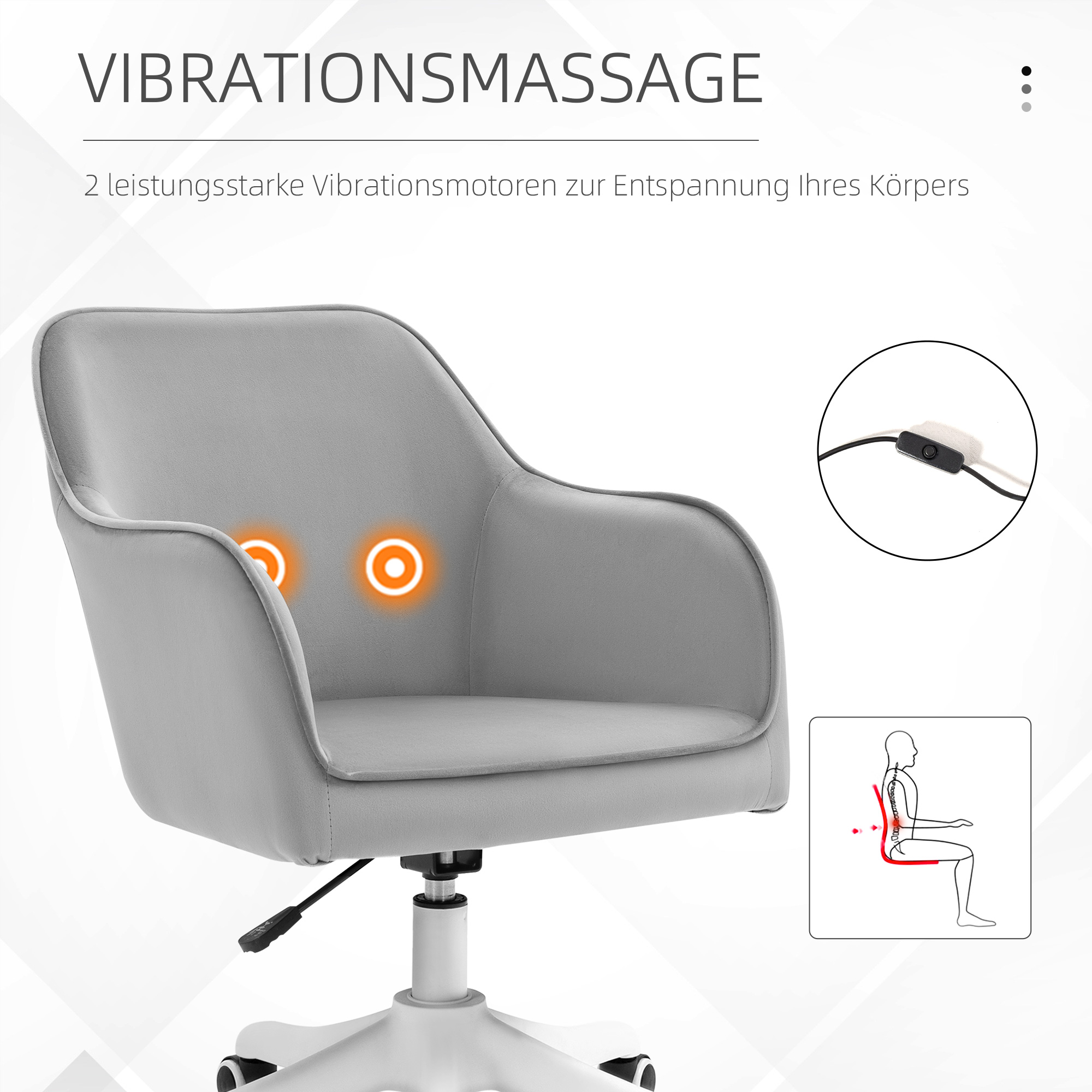 Grauer Bürostuhl. Er hat ein weißes Gestell und Armlehnen. Der Text oben lautet Vibrationsmassage.