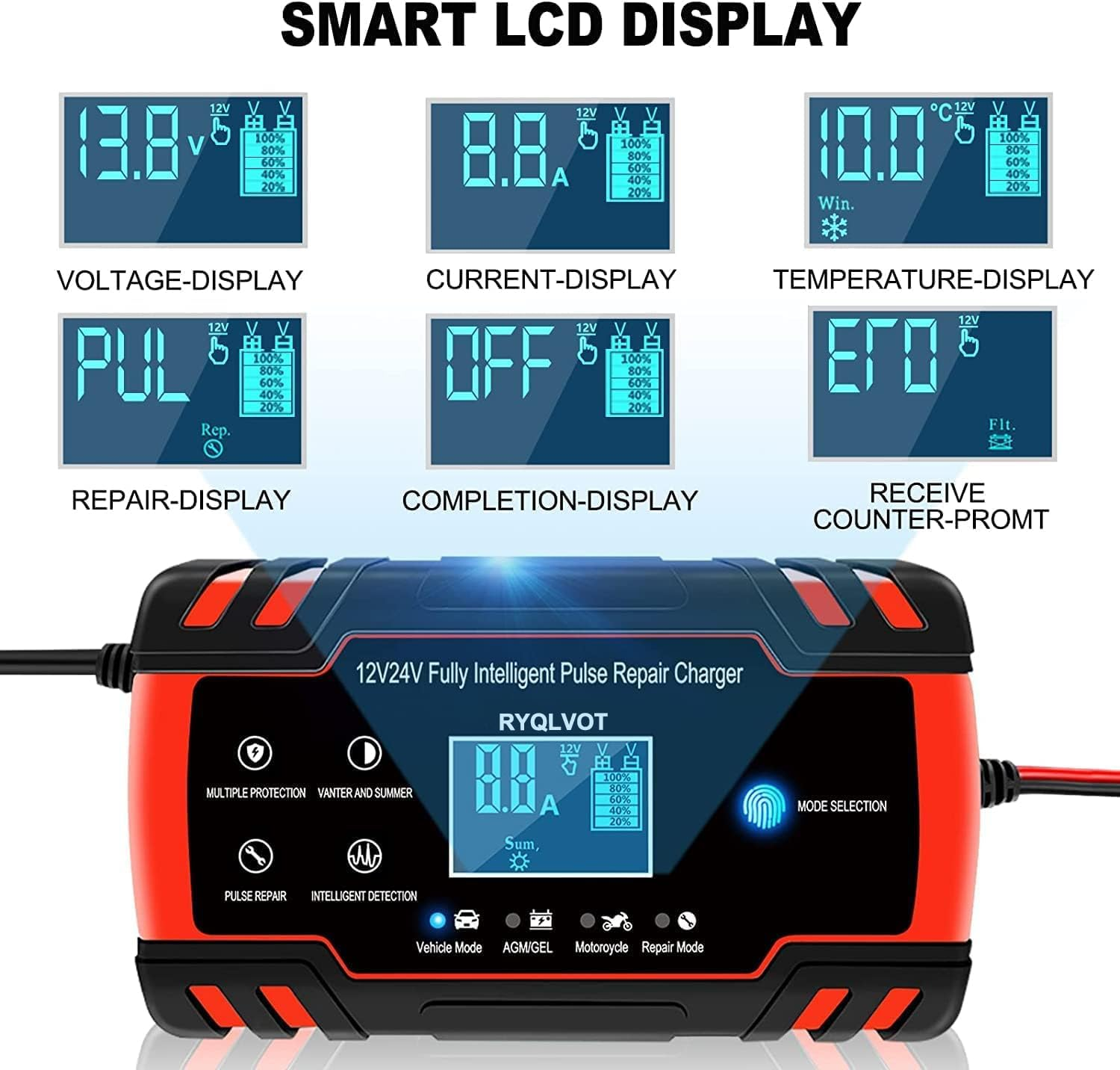 Ein schwarz-rotes Batterieladegerät mit Digitalanzeige, die Spannung, Strom und Temperatur anzeigt.