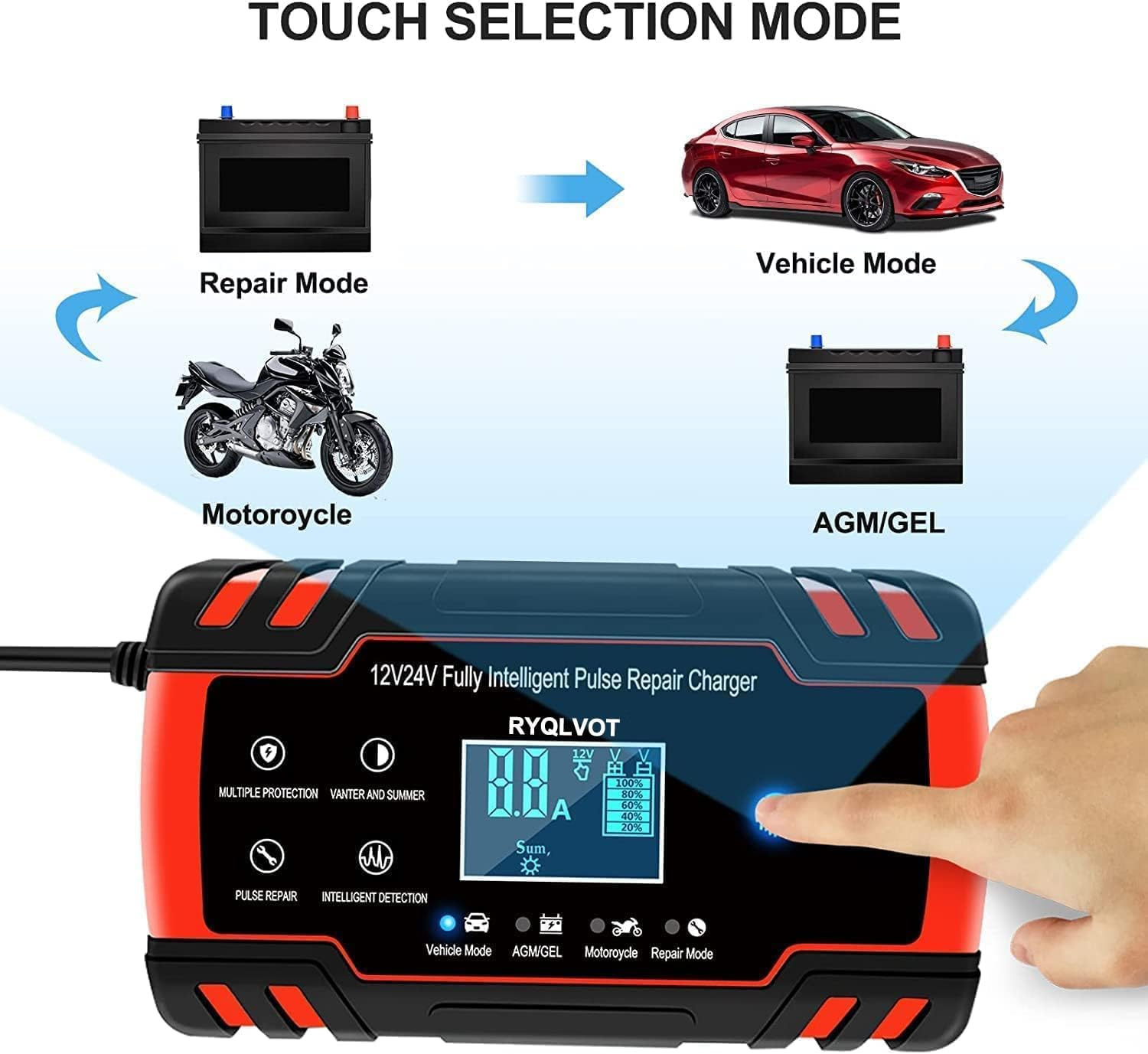 Ein schwarz-rotes Batterieladegerät mit Touch-Auswahlmodus. Es hat Symbole für Reparatur, Motorrad und Auto.