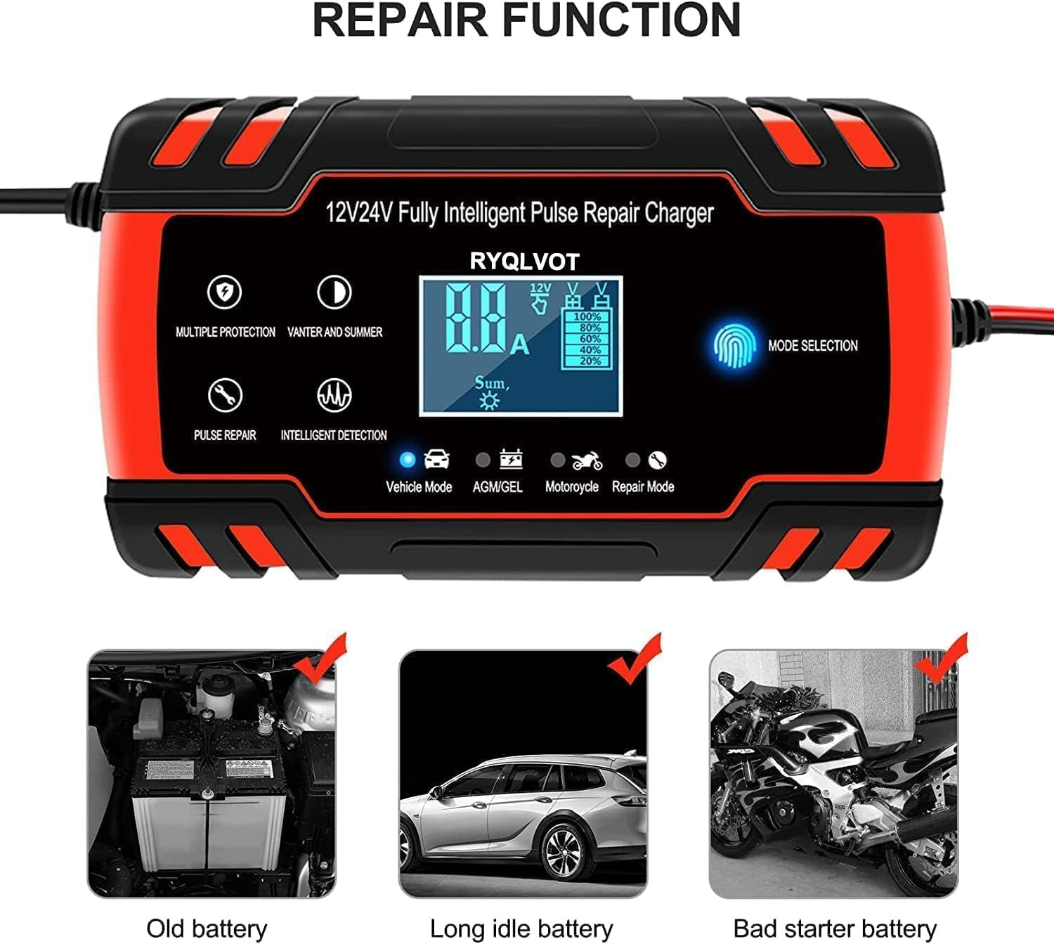 Ein schwarz-rotes Ladegerät mit Reparaturfunktion, zeigt alte, faule Batterien.