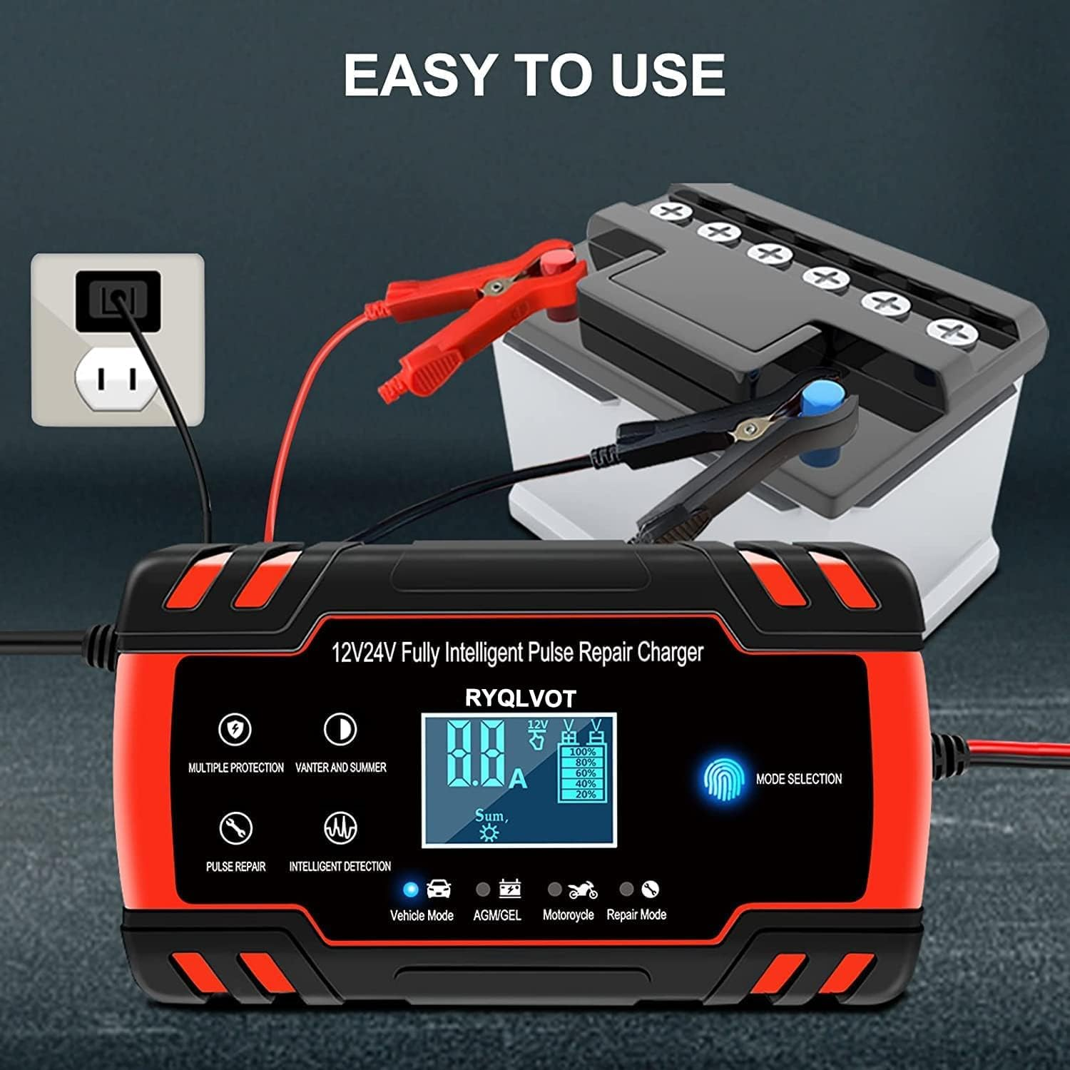 Ein schwarz-rotes Batterieladegerät, das an eine Steckdose angeschlossen ist, mit angeschlossener Batterie. Einfach zu bedienen ist der Titel.