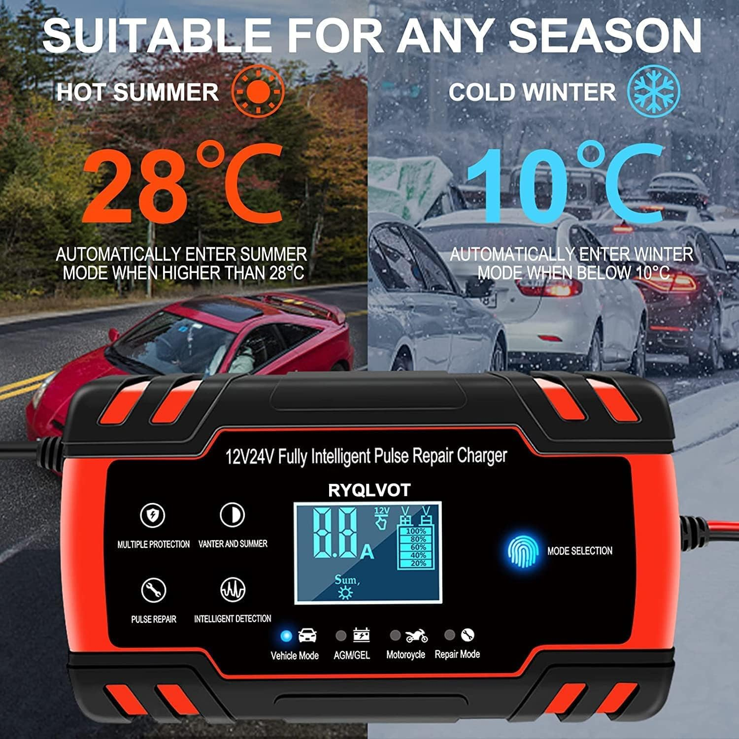 Ein schwarz-rotes Ladegerät für heiße und kalte Temperaturen mit LCD-Anzeige.