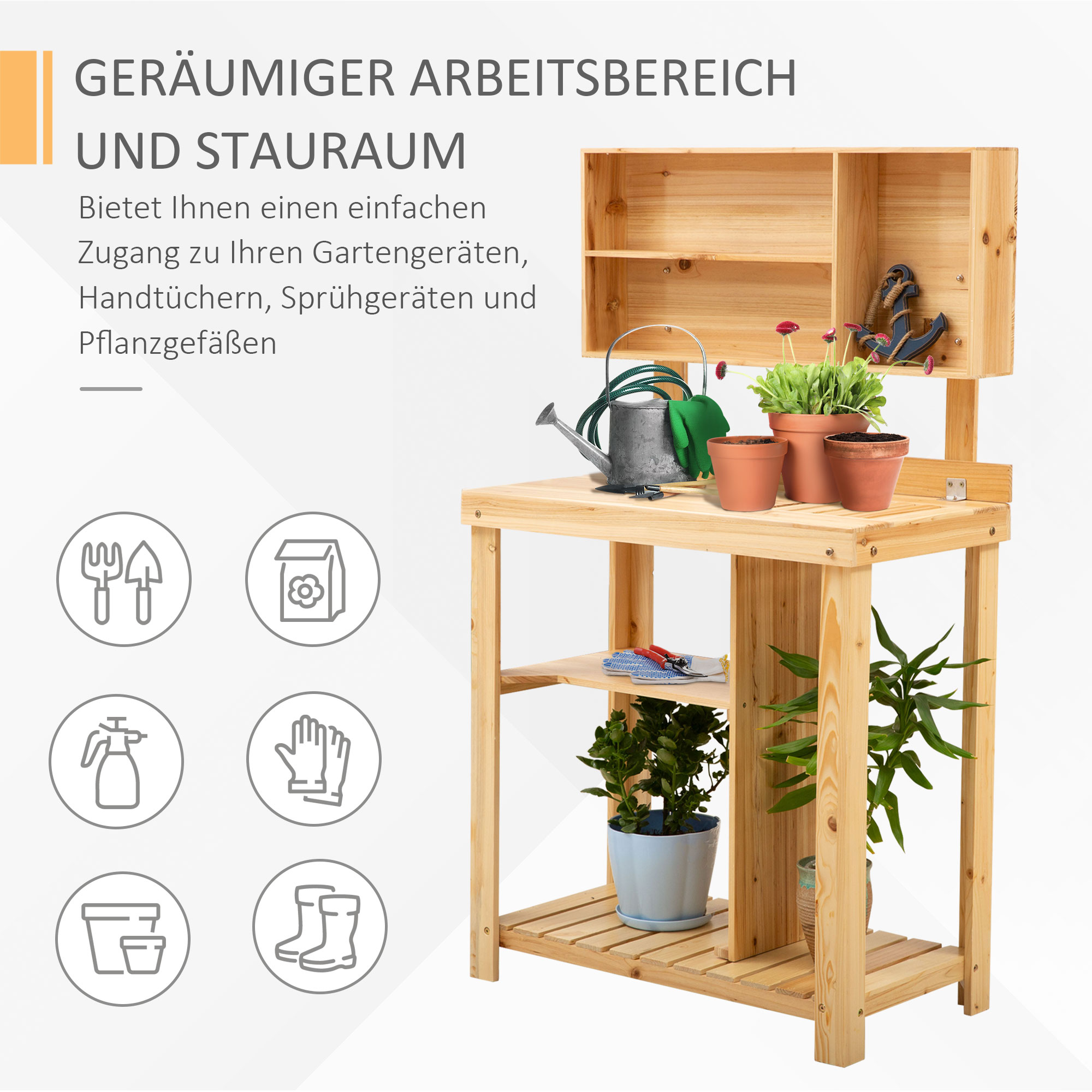 Eine hölzerne Pflanzbank mit Werkzeugen, Pflanzen und Gartenbedarf. Die Bank hat Regale und Stauraum.