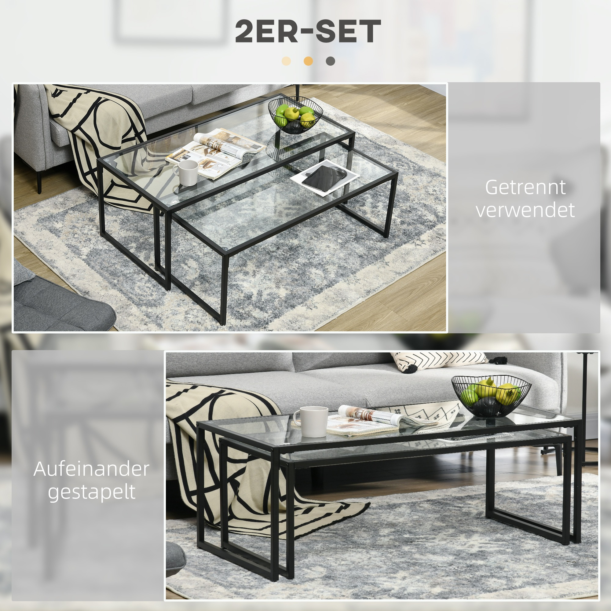 Zwei Tische mit Glasplatten und schwarzen Metallrahmen, einer unter dem anderen.