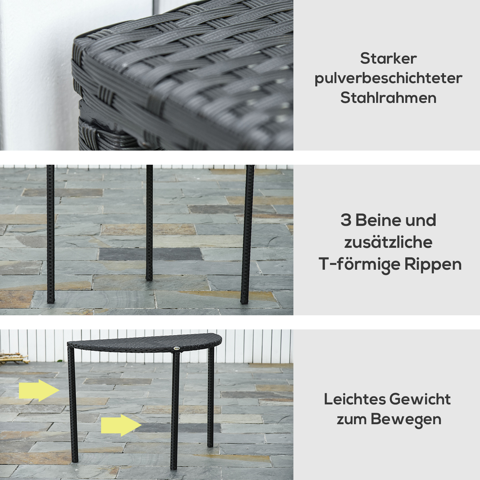 Nahaufnahme eines schwarzen Rattantisches mit starkem Stahlrahmen und drei Beinen.