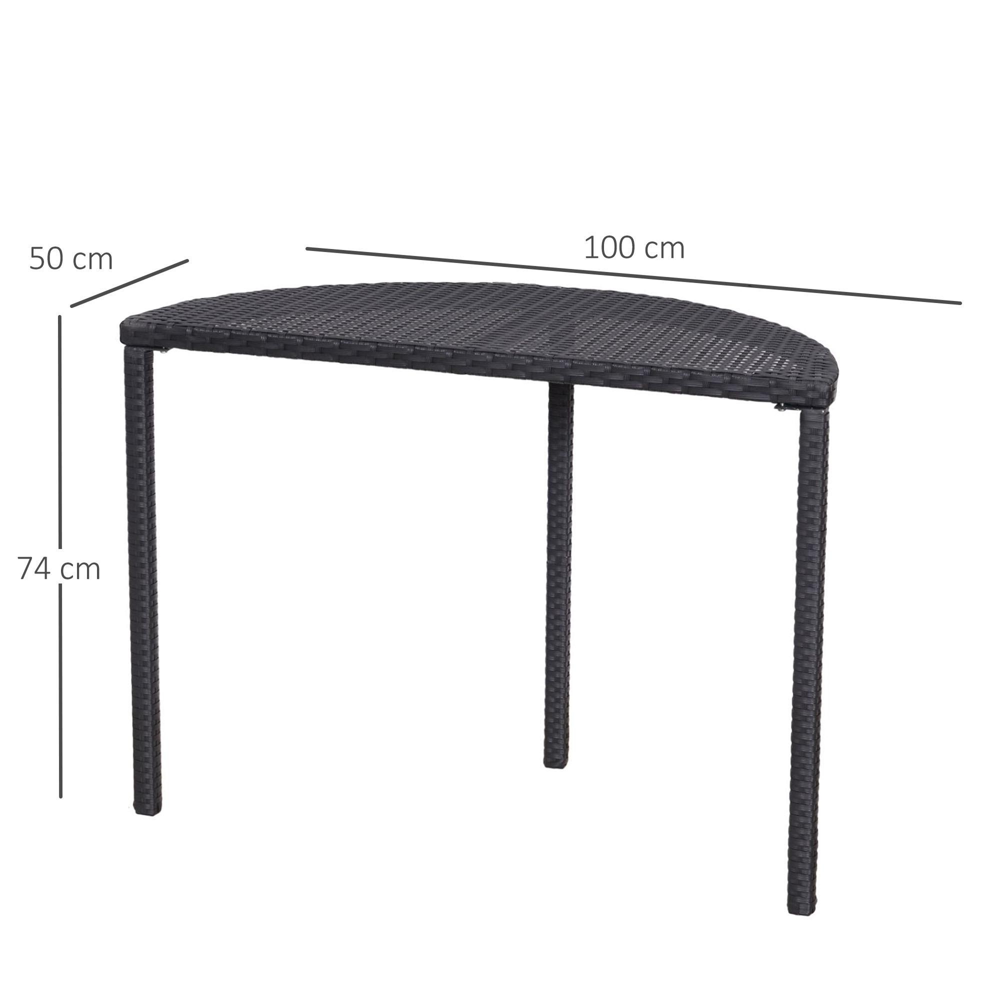 Ein halbkreisförmiger schwarzer Rattantisch mit den Maßen: 50 cm x 100 cm x 74 cm.