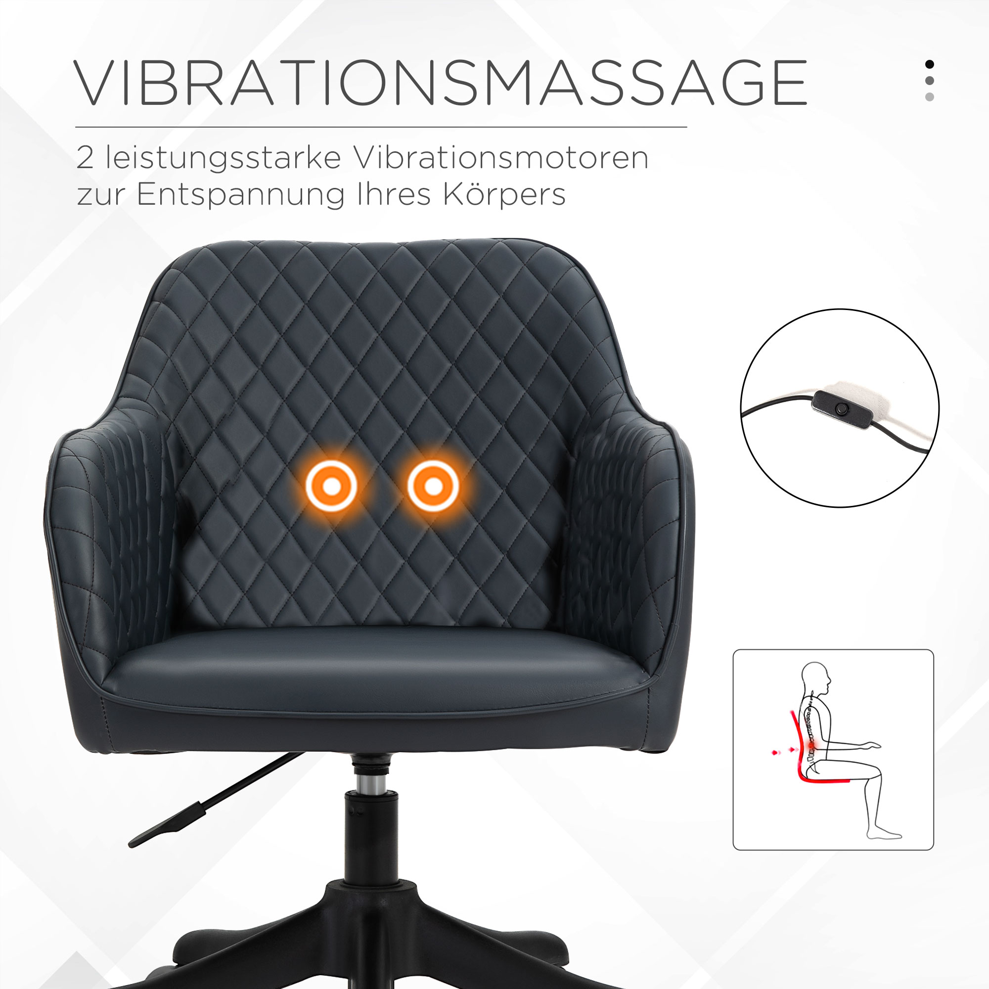 Ein schwarzer Stuhl mit rautenförmiger Rückenlehne, zwei orangefarbenen Kreisen und einem Diagramm.