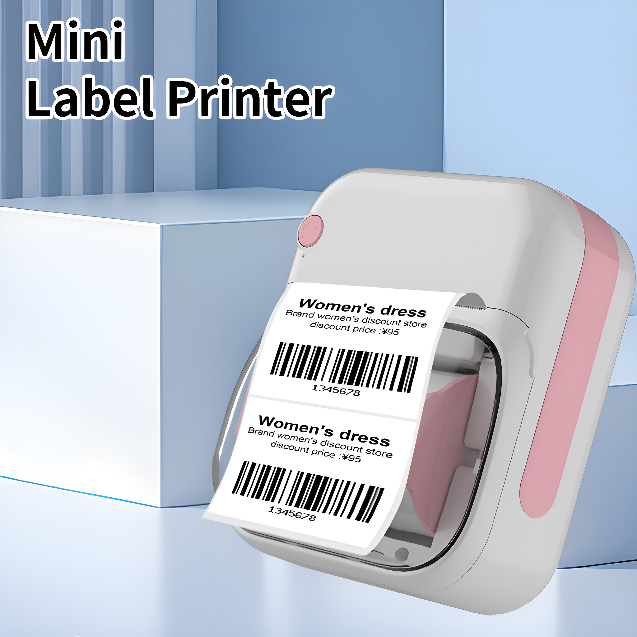 Ein weiß-rosa Mini-Etikettendrucker druckt Etiketten mit Barcodes und Text vor blauem Hintergrund.