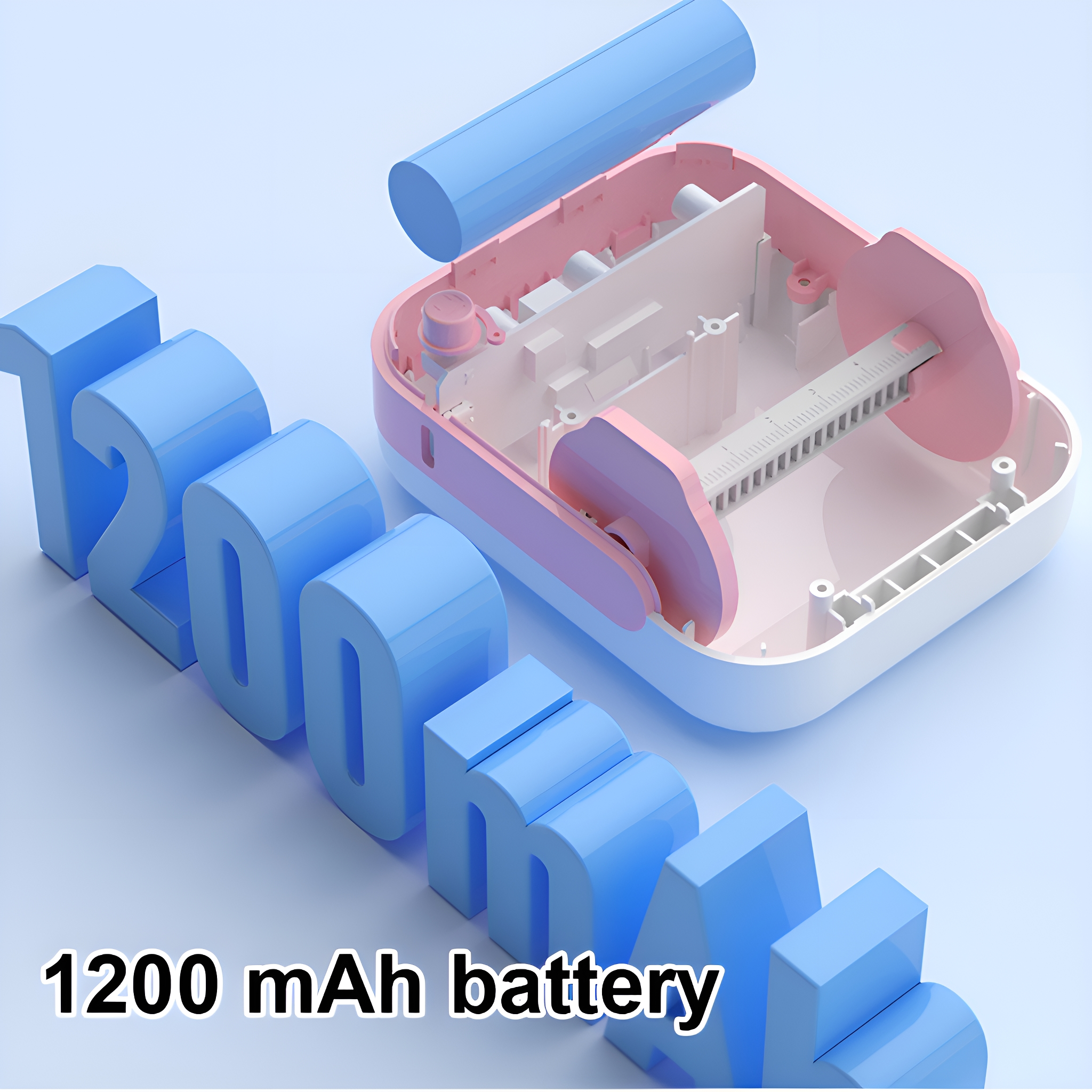 Ein weißer, rosa und blauer Drucker mit einem blauen Batteriesymbol. Der Text lautet 1200 mAh Akku.