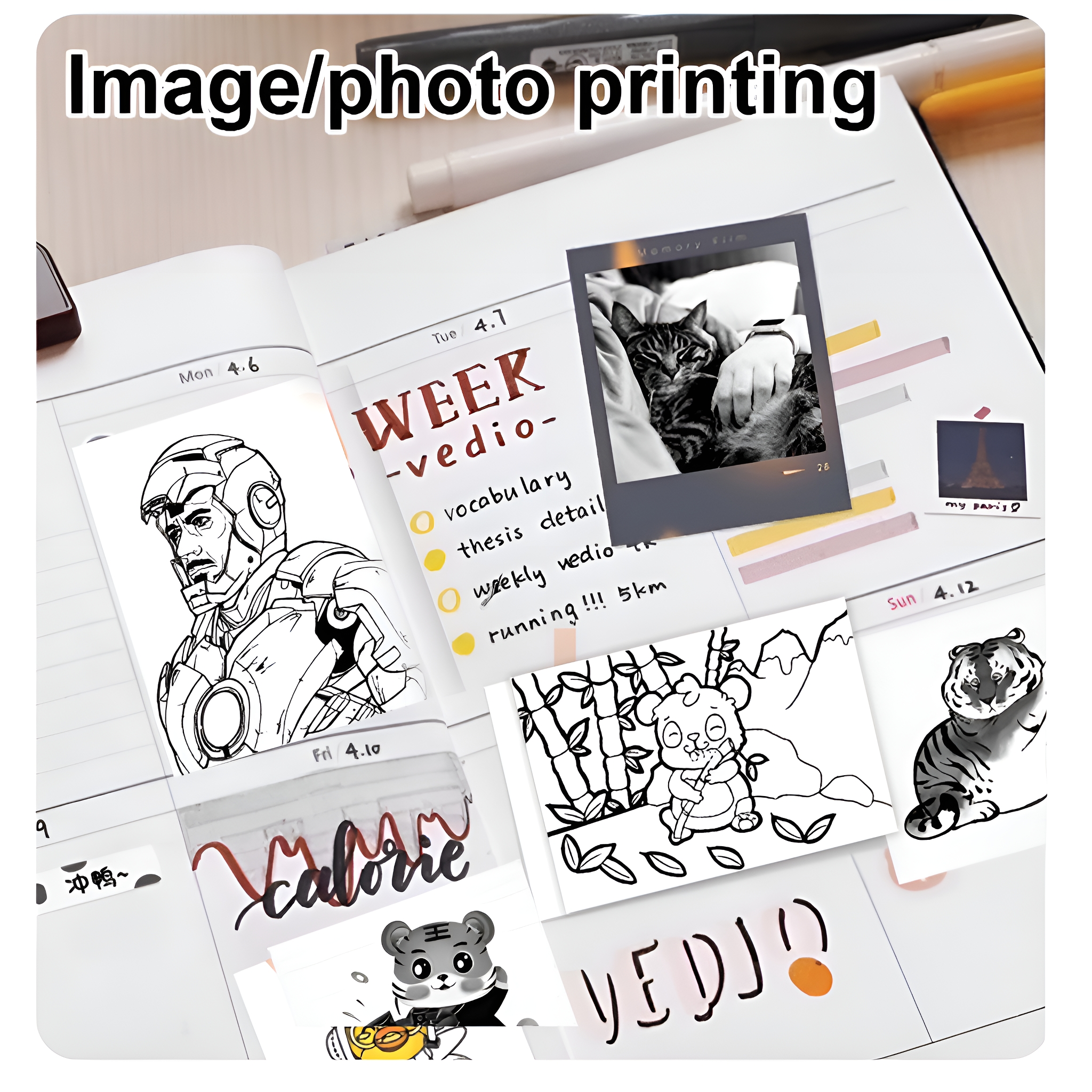 Ein Planer mit Fotos und Zeichnungen. Auf der rechten Seite befindet sich ein Katzenfoto. Auf der linken Seite befindet sich eine Iron-Man-Zeichnung.