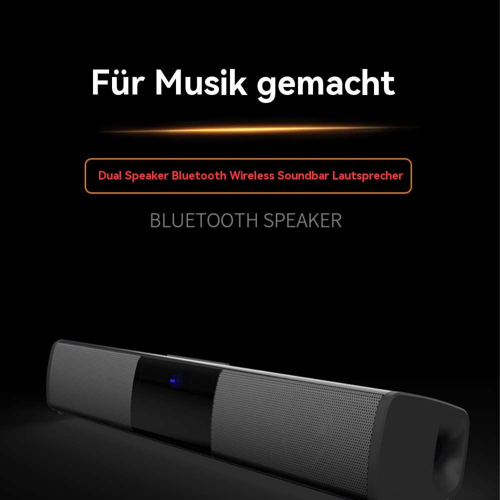 Eine schwarze Soundbar auf schwarzem Hintergrund. Der Text lautet Dual Speaker Bluetooth Wireless Soundbar Lautsprecher.