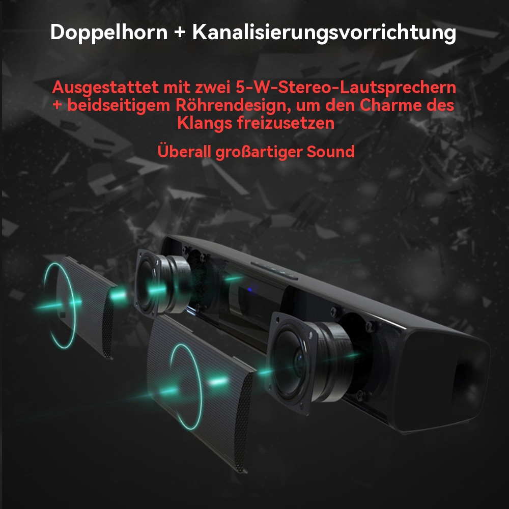 Querschnitt einer Soundbar mit Lautsprechern und internen Komponenten. Text: Doppelhorn + Kanalisierungsvorrichtung.