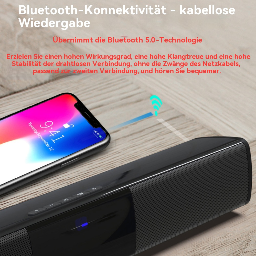 Ein Smartphone zeigt einen Bildschirm über einer schwarzen Soundbar. Bluetooth-Verbindung wird mit blauer Linie angezeigt.