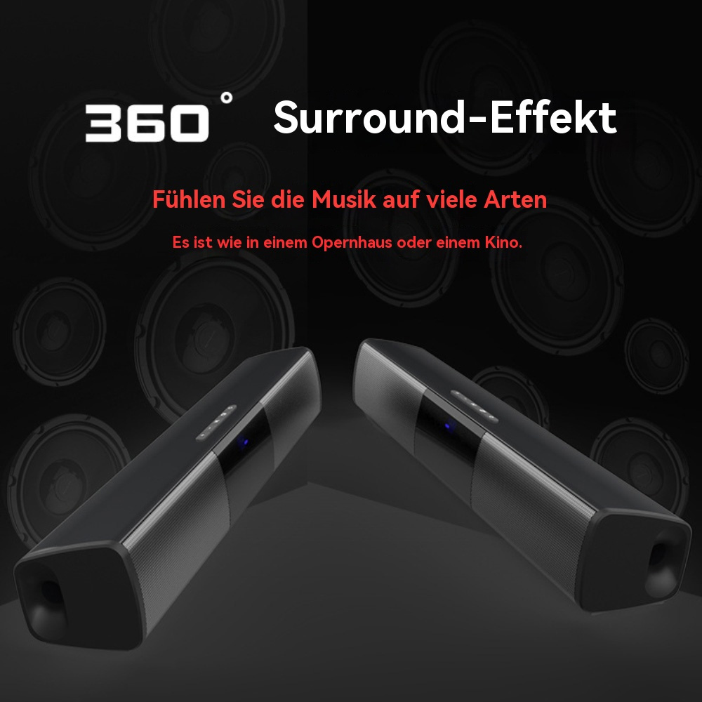 Zwei schwarze Soundbars auf dunklem Hintergrund. Das Bild suggeriert Surround-Sound. Der Text lautet 360° Surround-Effekt.