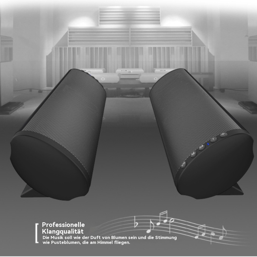 Zwei schwarze Soundbars vor einer Bühne. Der Text lautet Professionelle Klangqualität.