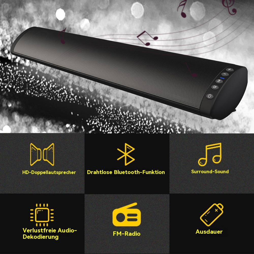 Ein schwarzer Lautsprecher mit Symbolen, die Soundfunktionen und Bluetooth darstellen, und Text-Overlays.
