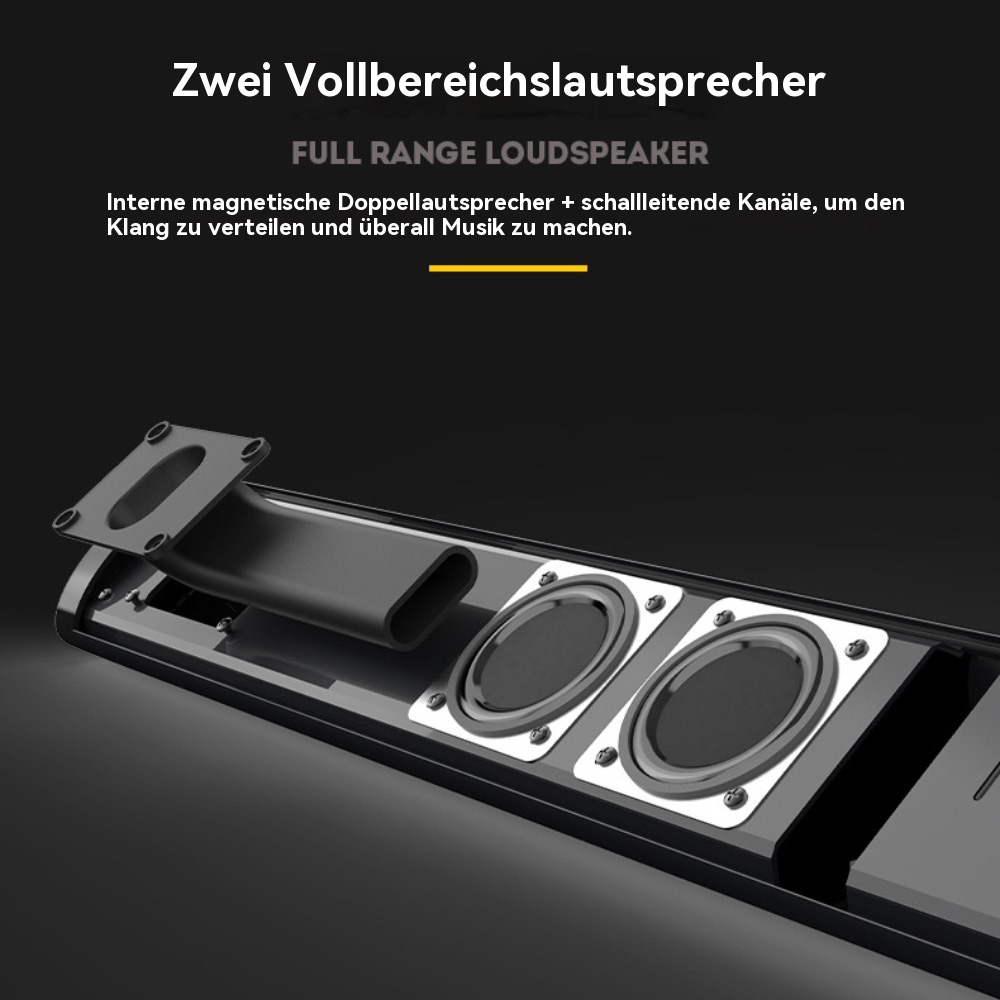 Die Innenteile der Soundbar und zwei Lautsprecher. Der Text lautet Zwei Breitbandlautsprecher.