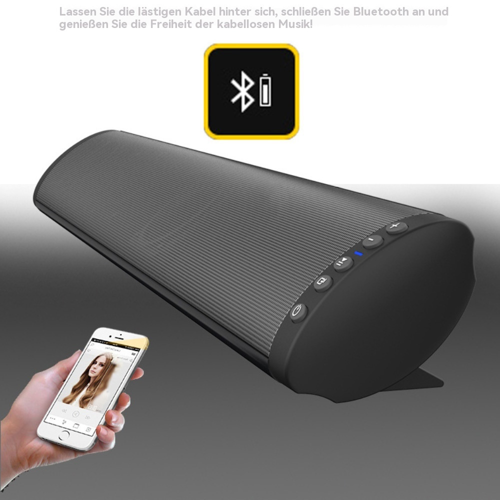 Eine schwarze Soundbar und ein Telefon mit dem Foto einer Frau darauf. Der Text lautet Bluetooth und hat ein Batteriesymbol.