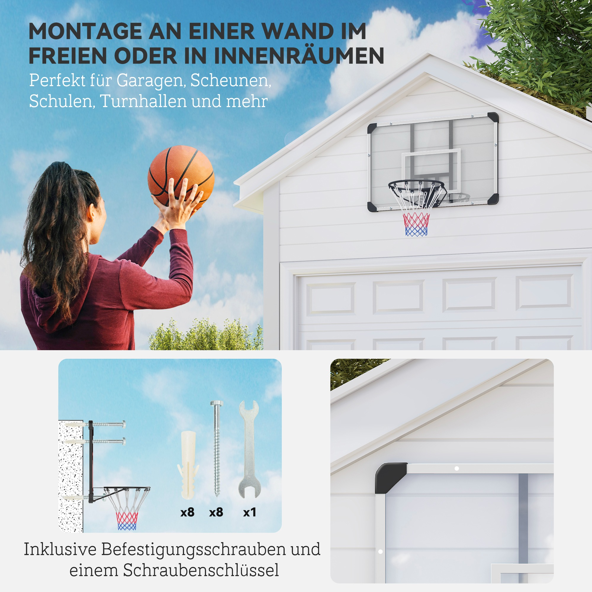 Eine Frau wirft einen Basketball auf eine Garage mit Basketballkorb. Anweisungen und Werkzeuge inklusive.
