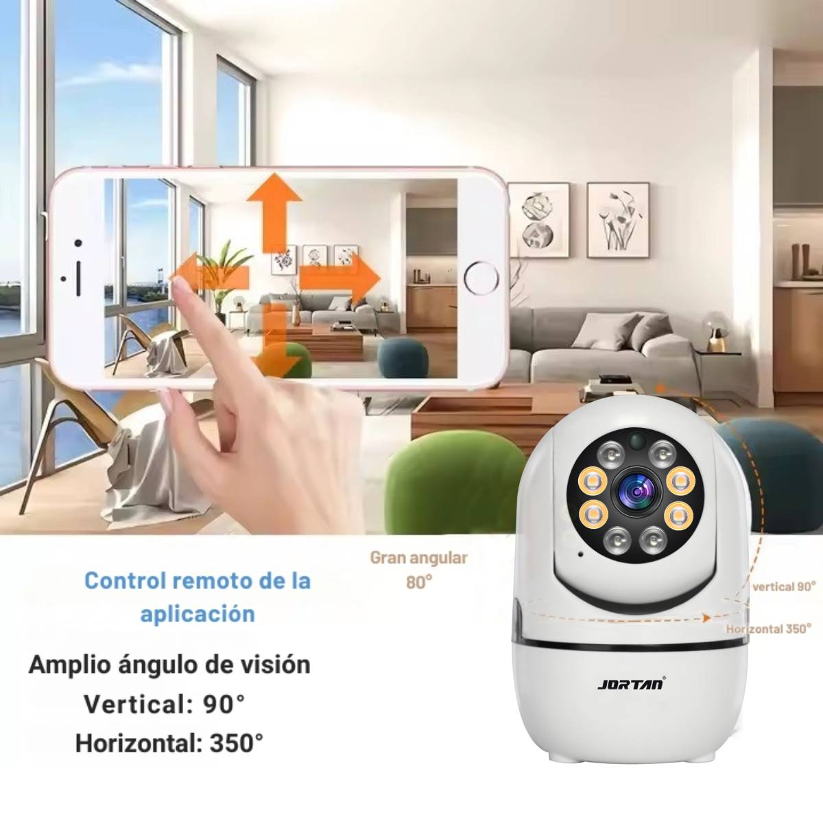 Un telefono mostra una vista della fotocamera, con una telecamera di sicurezza bianca.