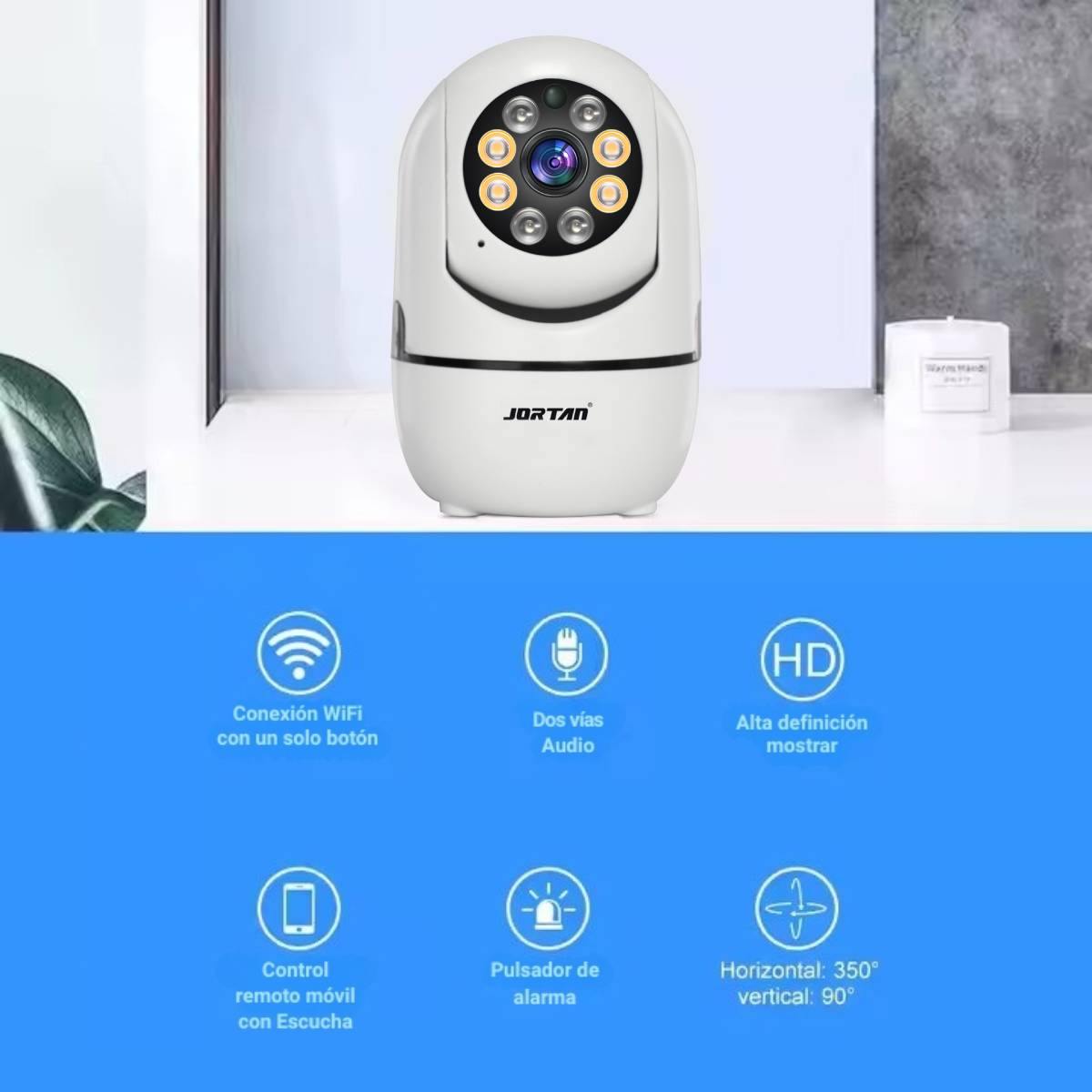 Una telecamera di sicurezza bianca con icone delle funzioni sottostanti.