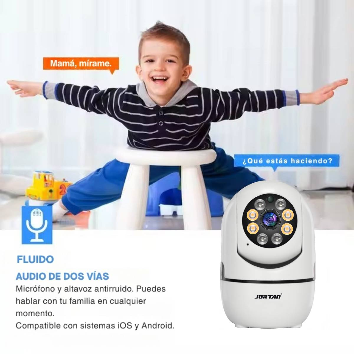 Un bambino con le braccia tese, una telecamera e fumetti.