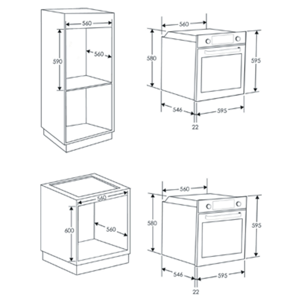 Diagrammi schematici delle dimensioni del forno. Quattro viste mostrano le dimensioni e le misure.
