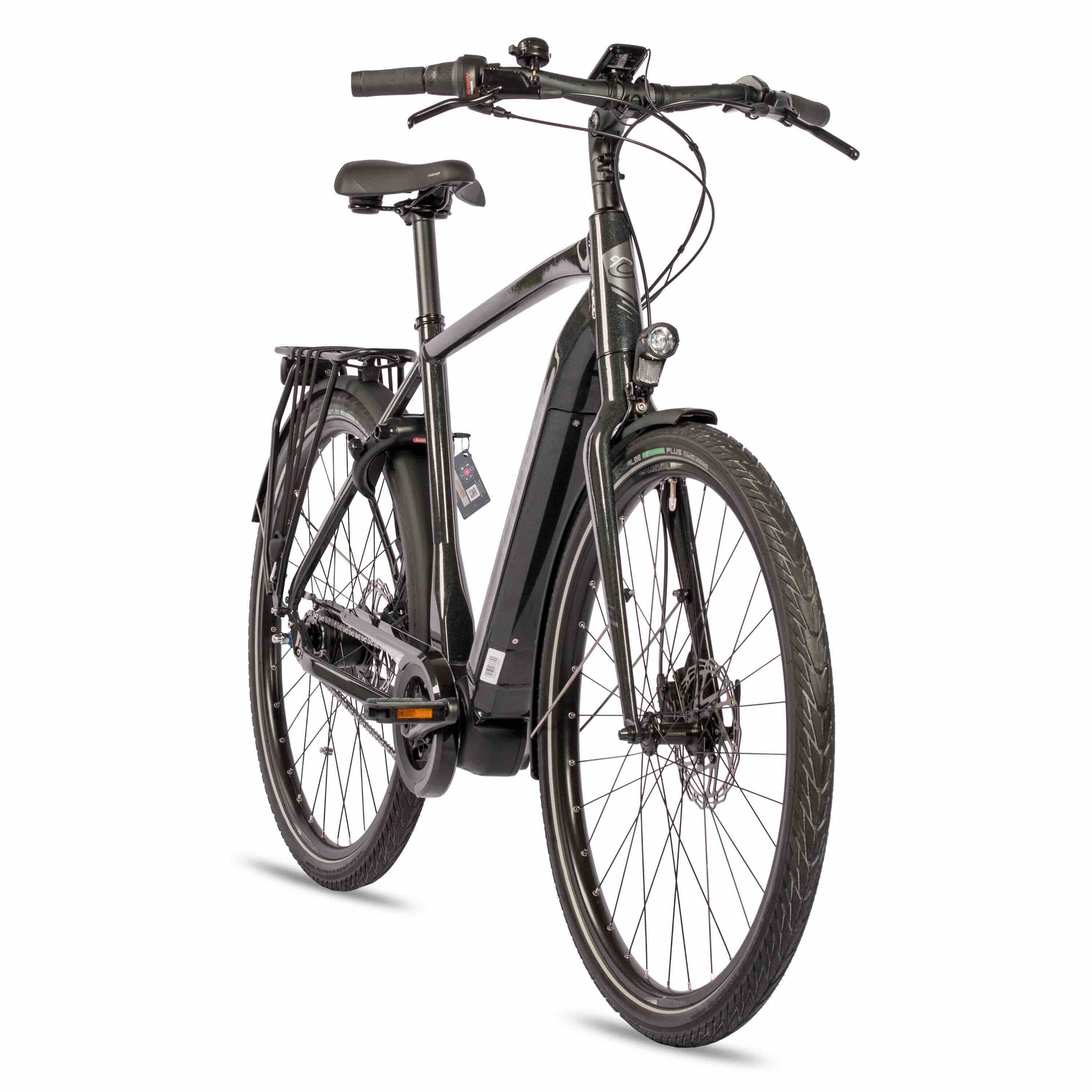 Schwarzes Elektrofahrrad, Frontansicht. Hat einen Gepäckträger, eine Klingel, ein Licht und einen schwarzen Rahmen.