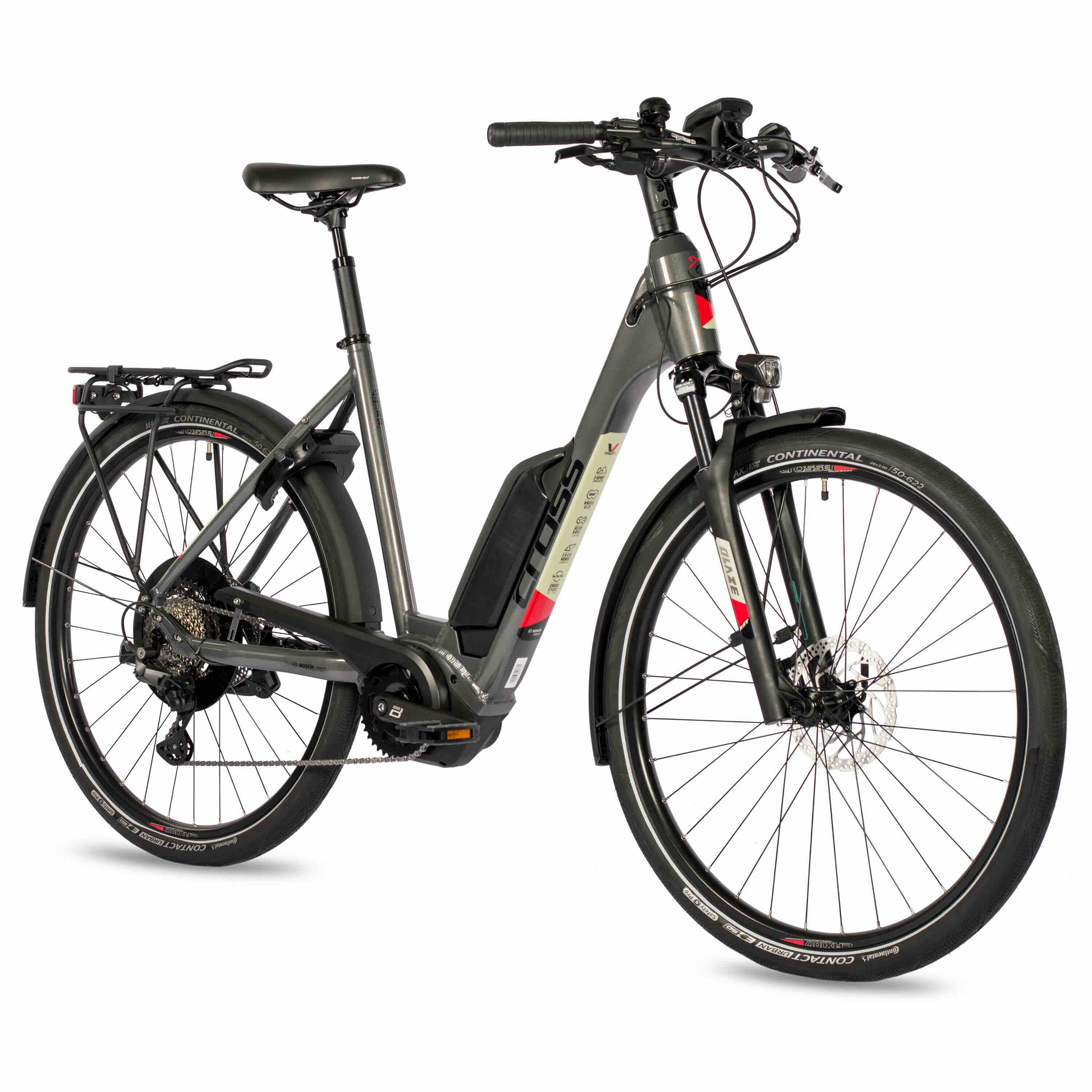 Graues Elektrofahrrad. Hat einen Gepäckträger und einen schwarzen Rahmen. Mit schwarzen Reifen.