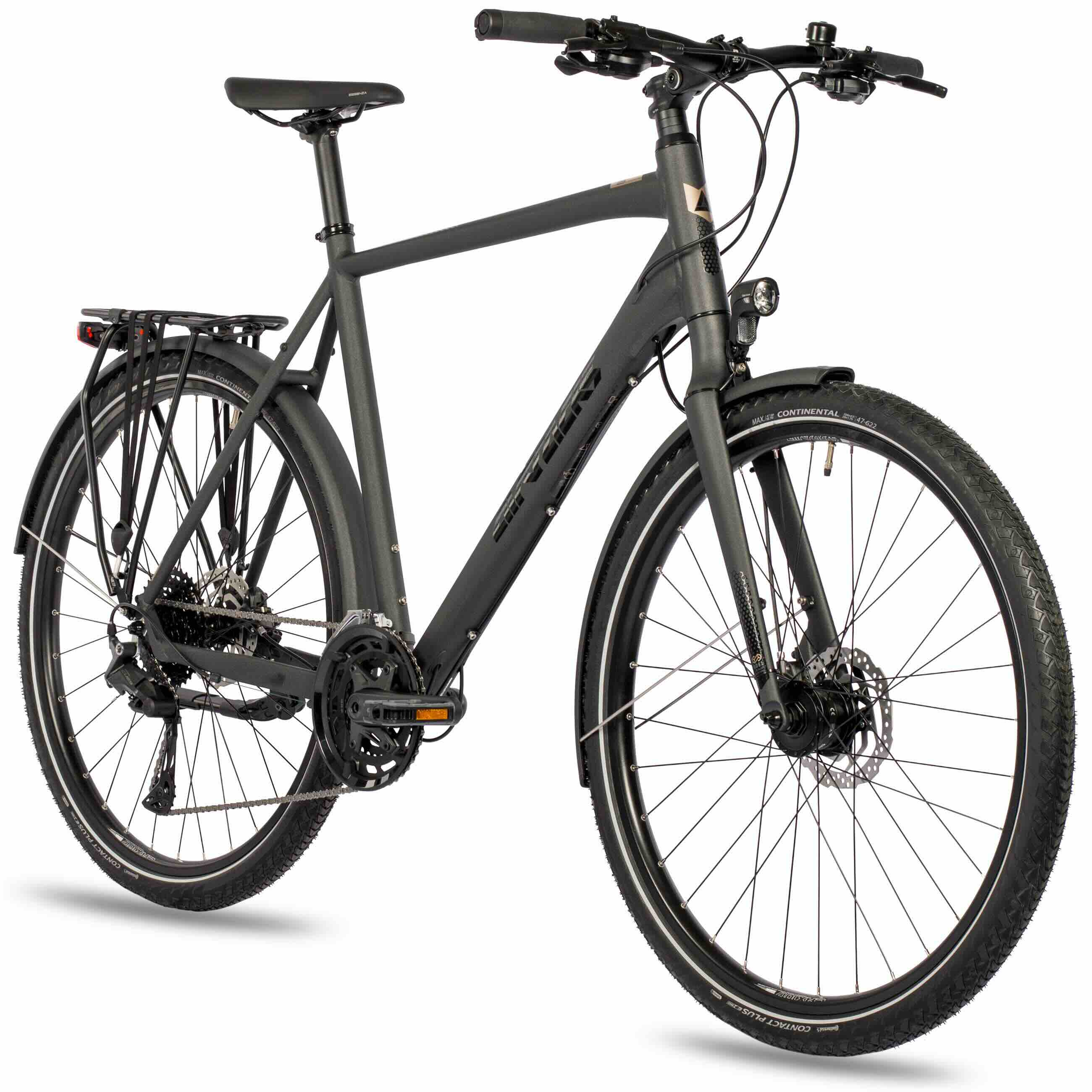 Schwarzes Fahrrad vor weißem Hintergrund, von der Seite gesehen.