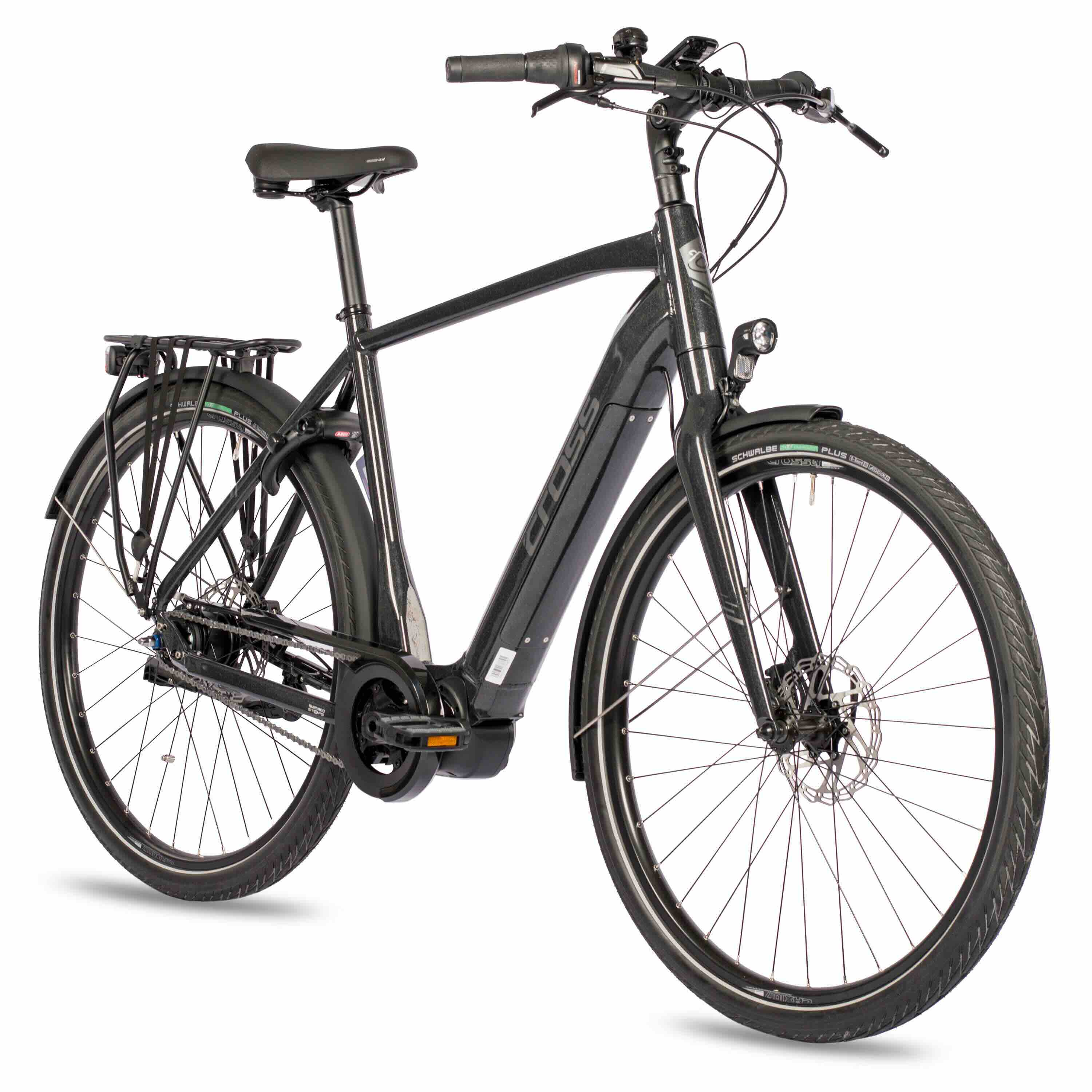 Dunkelgraues Elektrofahrrad vor weißem Hintergrund, Frontansicht.