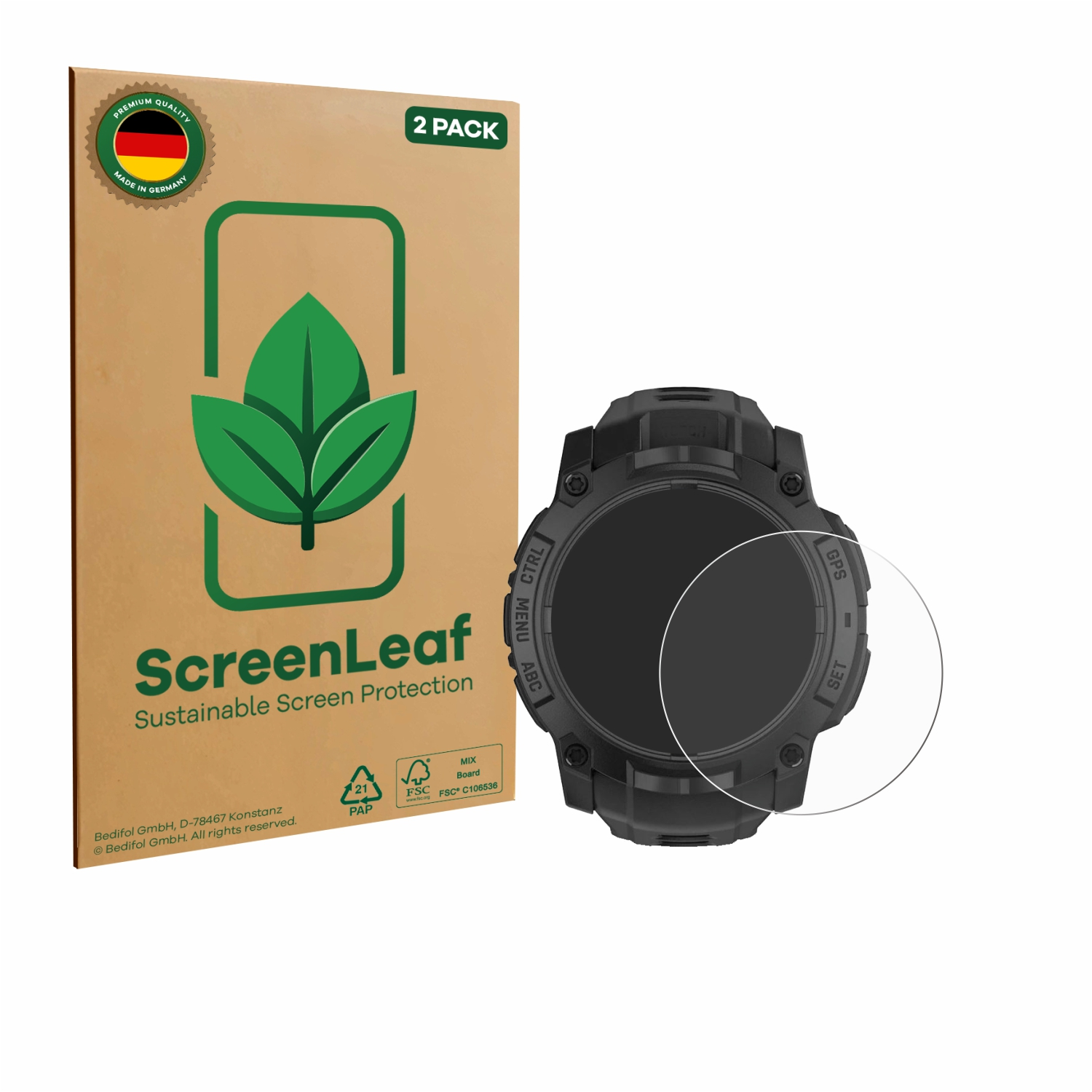 Schwarze Smartwatch, Displayschutzfolie und Box. Die Box hat ein grünes Blatt und sagt ScreenLeaf.