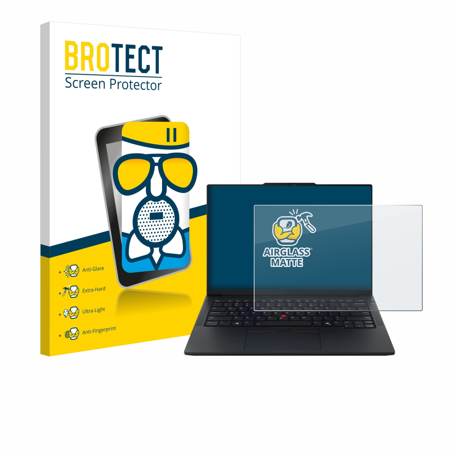 Laptop mit Displayschutz. Box zeigt eine Person mit Brille und die Marke Brotect.