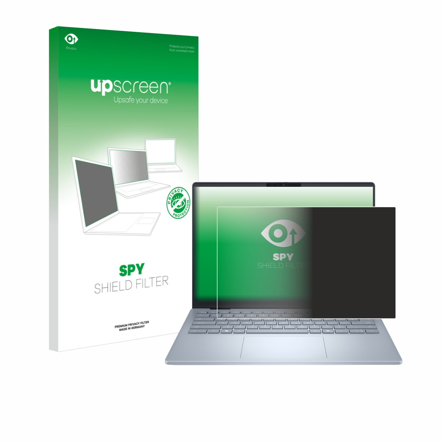 Laptop mit Displayschutzfolie und Box. Text: upscreen, SPY SHIELD FILTER.