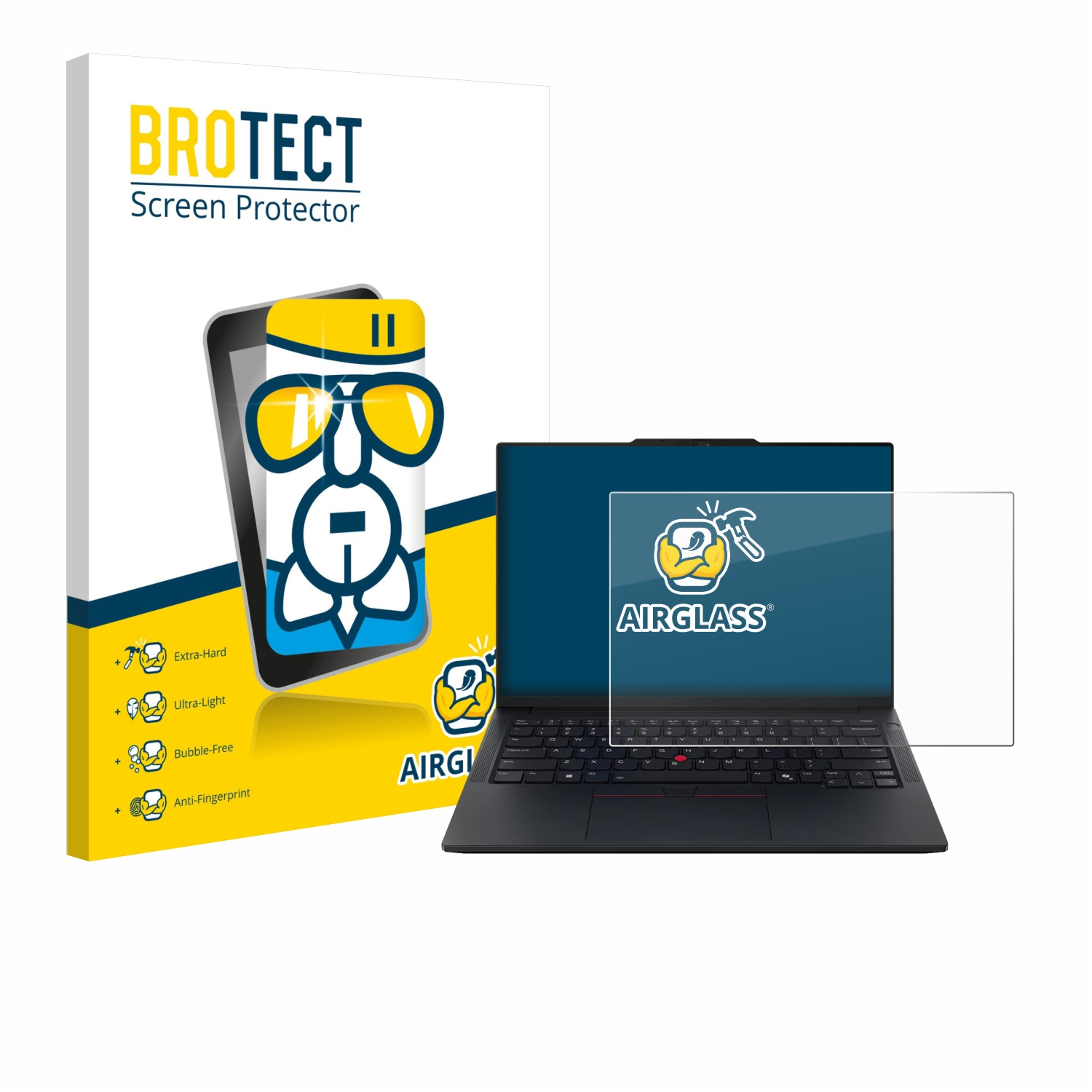 Ein Laptop mit Displayschutzfolie und Verpackung mit der Aufschrift 'Displayschutz'.