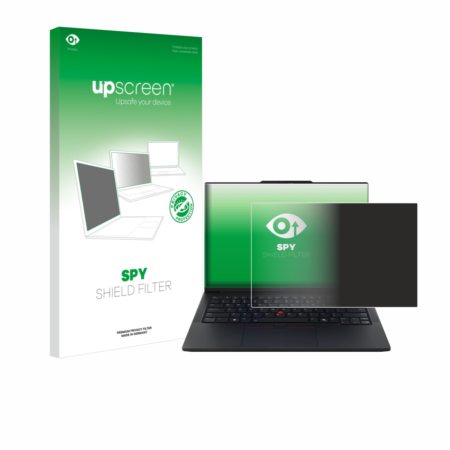 Laptop mit Sichtschutz und Verpackung. Grün-weiße Verpackung mit einem Laptop.